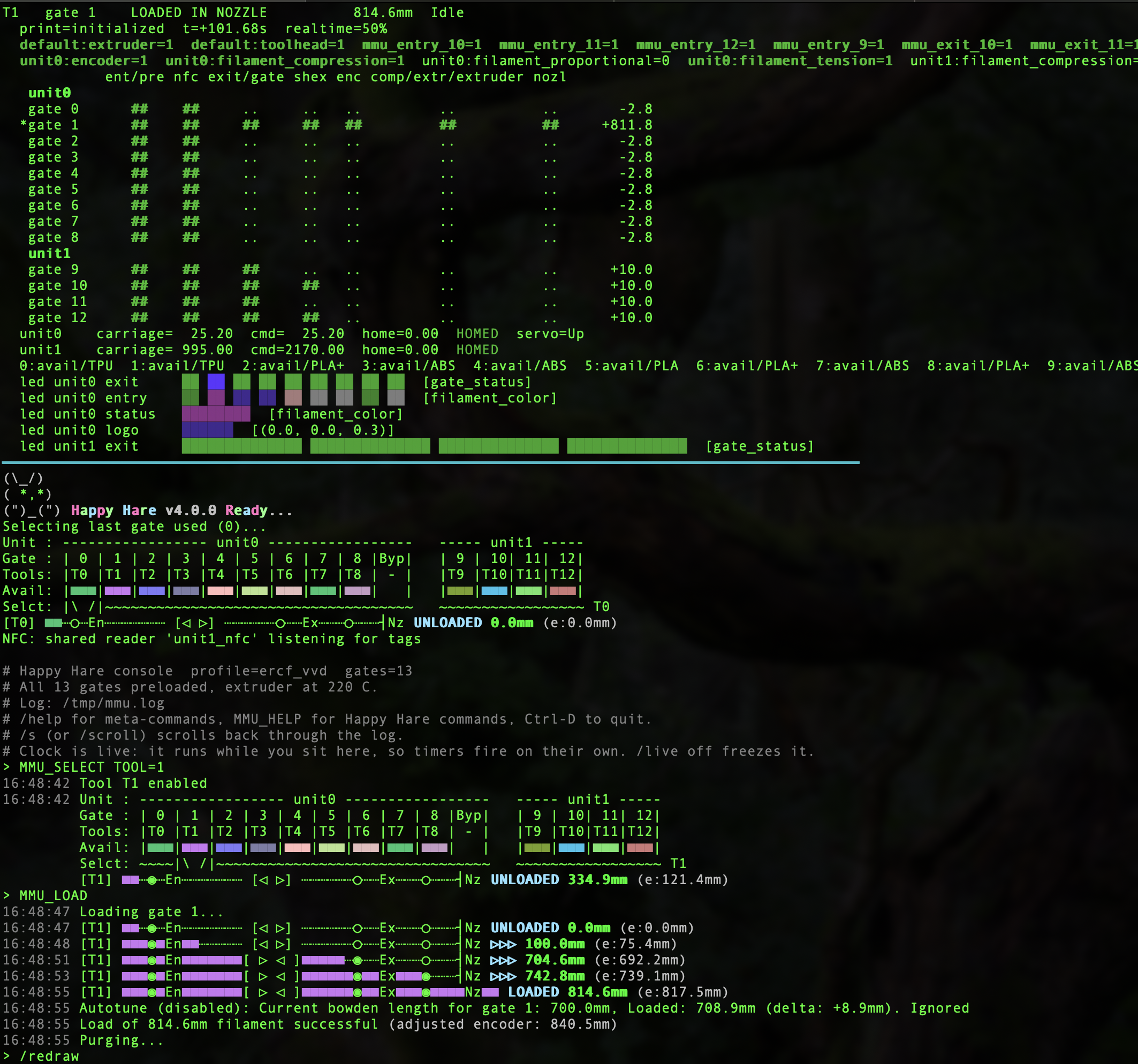 A real make console session: pinned status header showing two units, 13 gates, per-unit LEDs, and a load in progress
