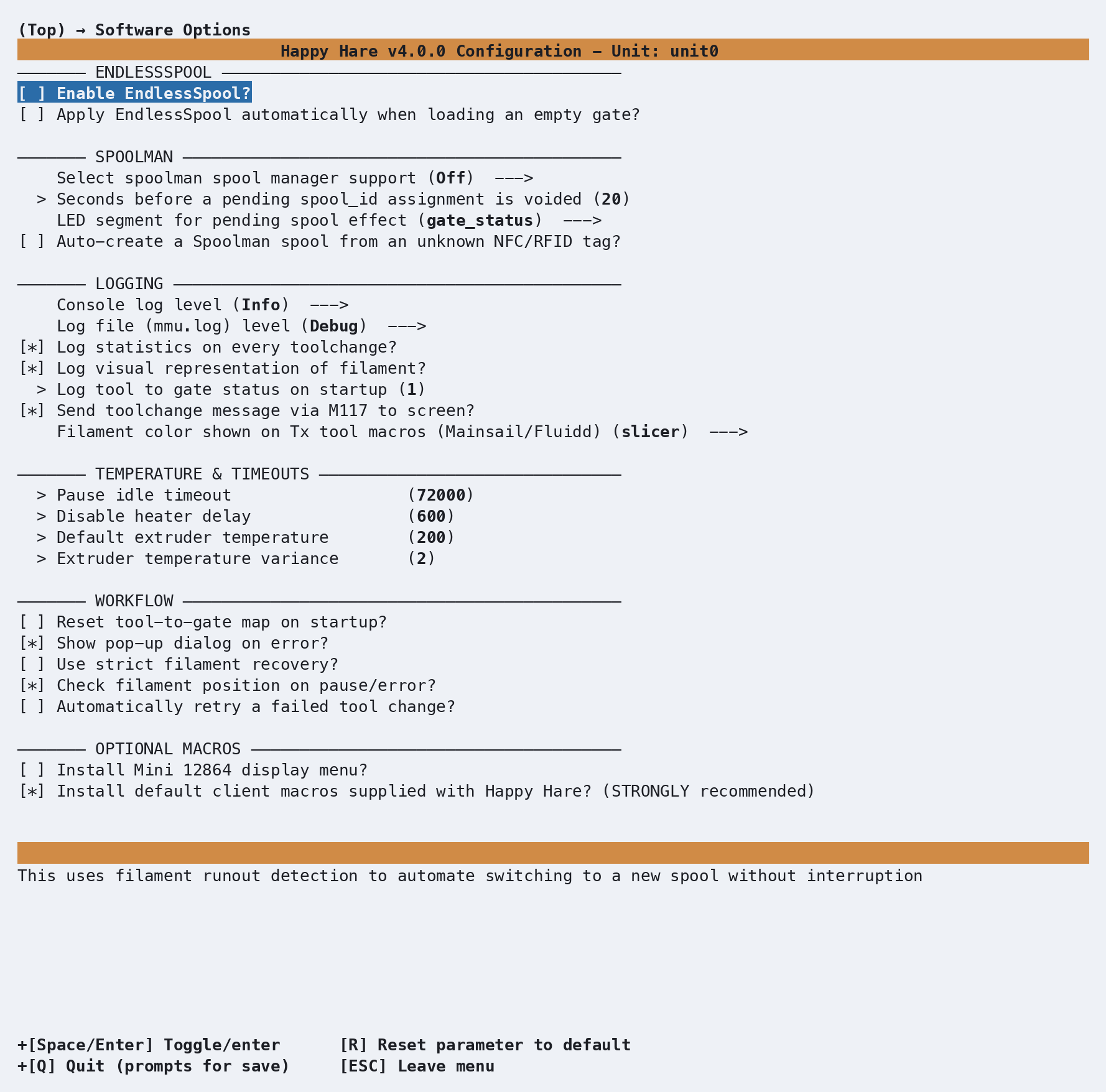 Software Options screen, EndlessSpool section: Enable EndlessSpool and Apply EndlessSpool automatically when loading an empty gate, both off by default