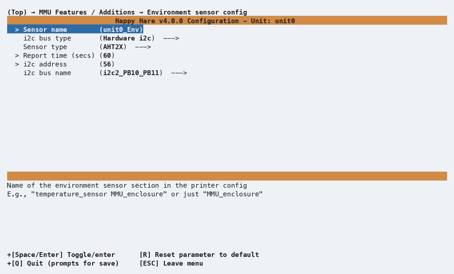 Environment sensor config screen: sensor name, i2c bus type and bus, sensor type (AHT2X shown), and i2c address
