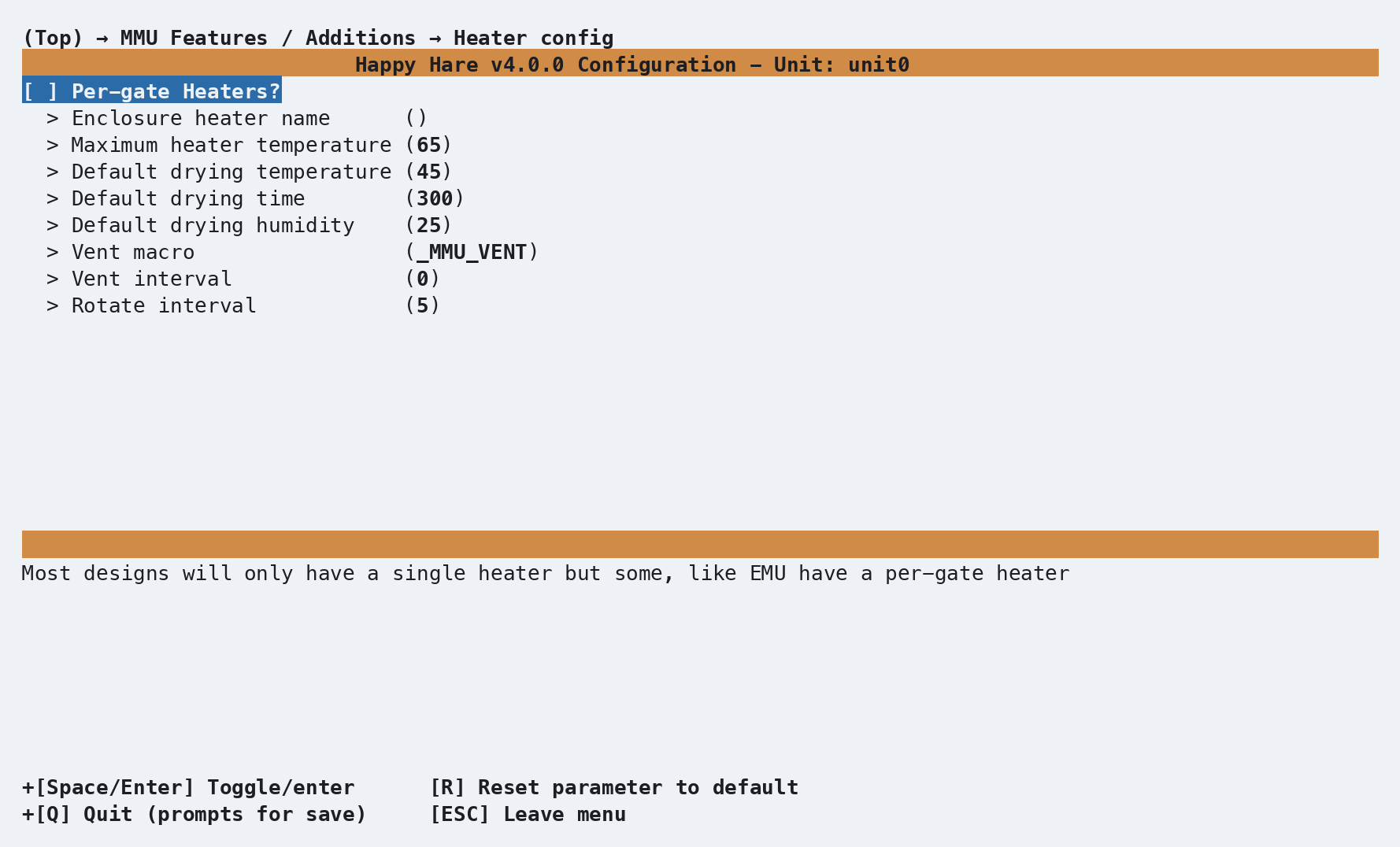 Heater config screen: per-gate heaters toggle, enclosure heater name, and the heater controller defaults - max temp, default dry temp/time/humidity, vent macro, vent interval, rotate interval