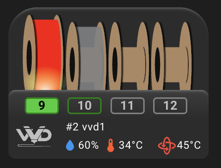 Mainsail MMU display during drying, showing filament spools, 60 percent humidity, 34 degrees Celsius environment temperature and a 45 degrees Celsius drying target