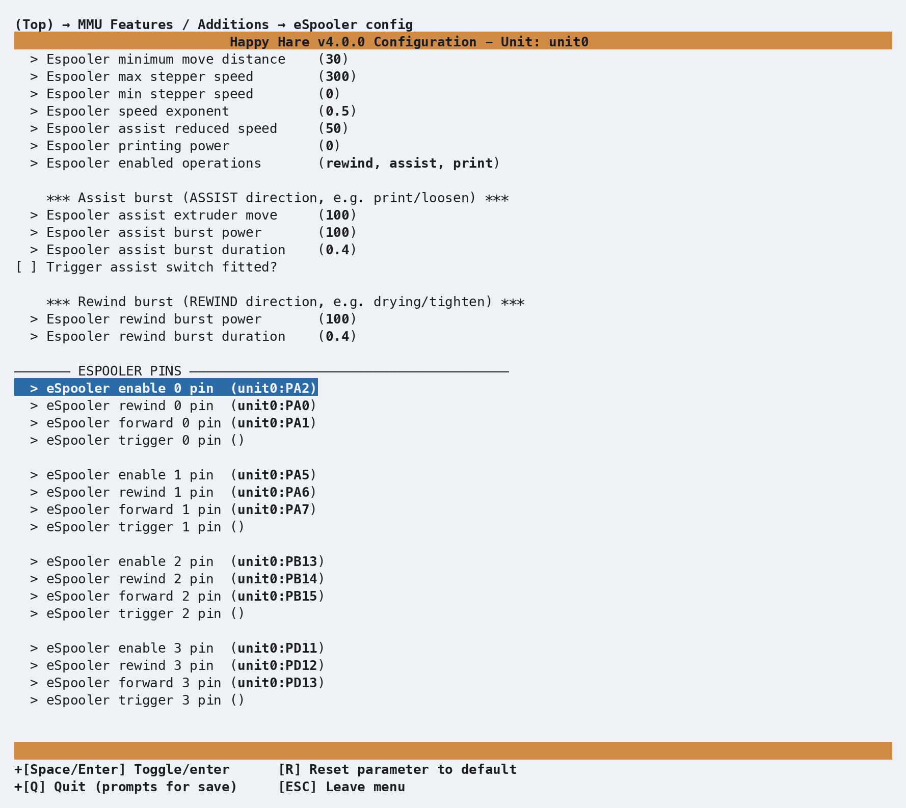 menuconfig: eSpooler config screen, showing the tuning parameters followed by enable/rewind/forward/trigger pins for 4 gates on a Box Turtle
