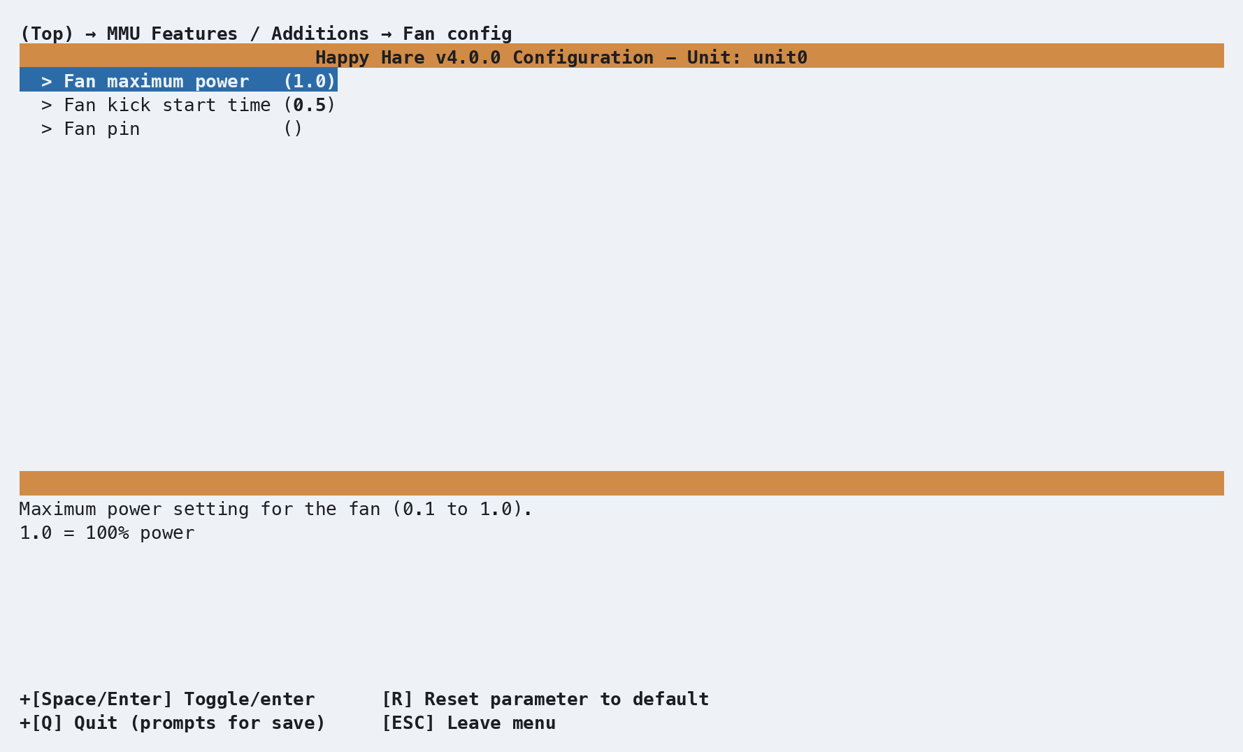 Fan config screen: fan maximum power, fan kick start time, and fan pin