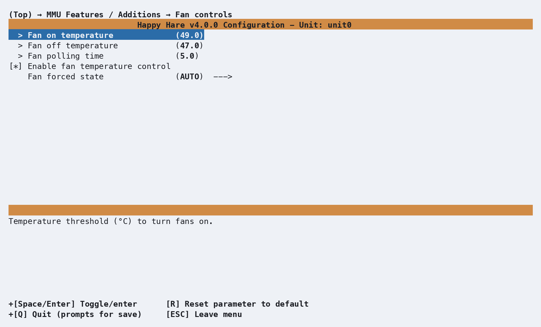Fan controls screen: on/off temperature thresholds, polling time, control enabled toggle, and forced state choice