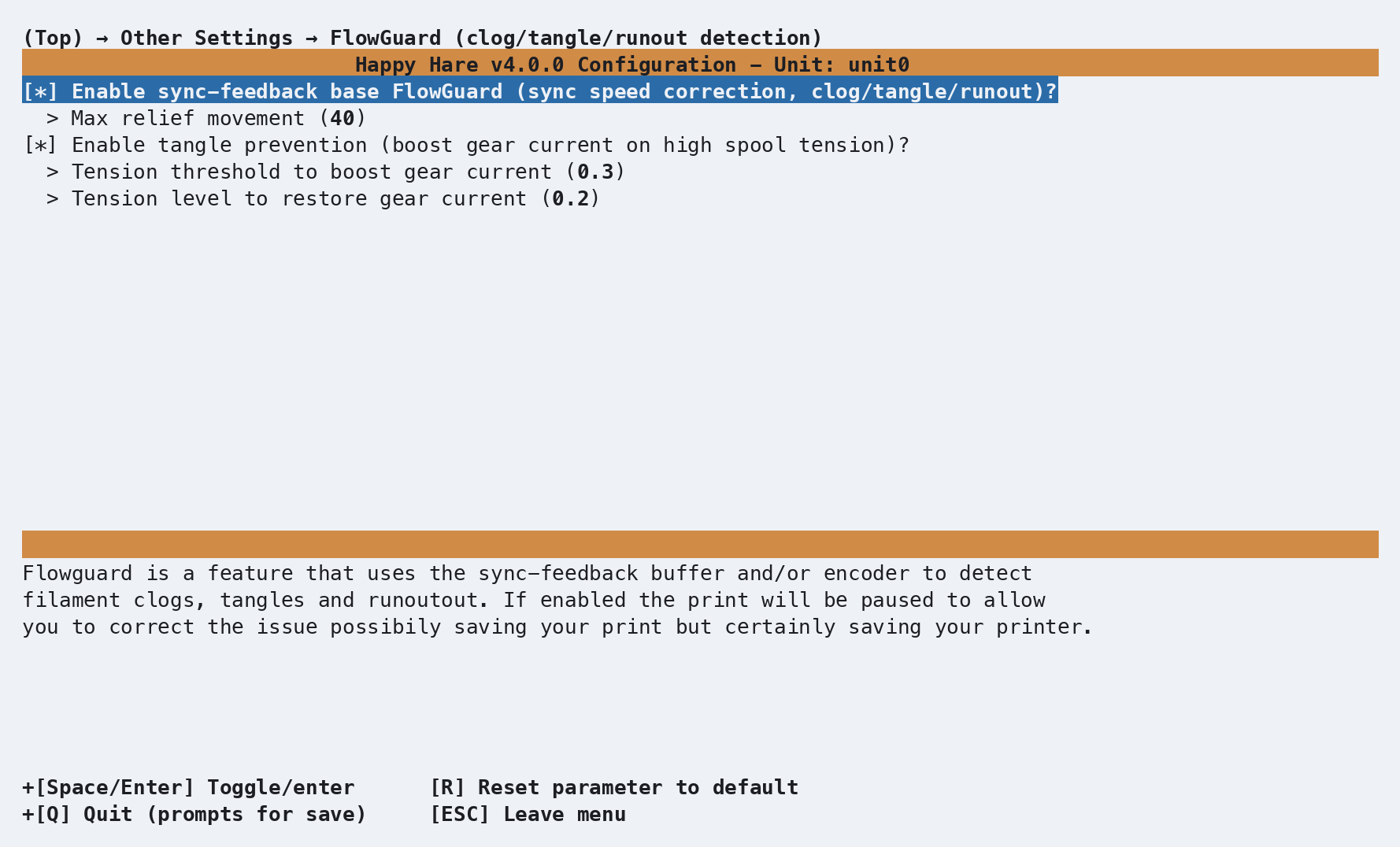 FlowGuard config screen: enable checkbox, max relief movement, tangle prevention threshold/release, and encoder detection mode