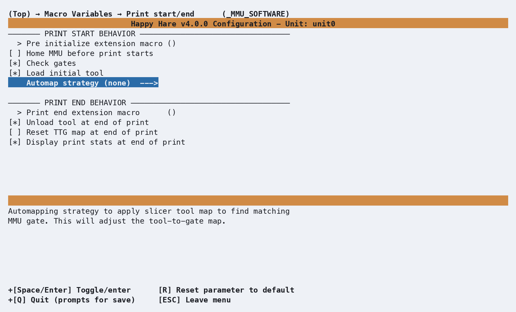 Automap strategy menuconfig screen: strategy choice and the reset-TTG-map-at-end-of-print checkbox