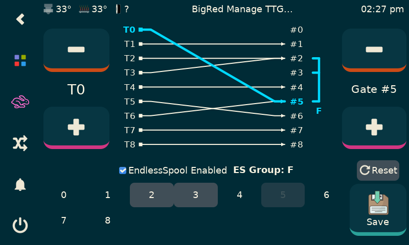 KlipperScreen Happy Hare edition TTG editor: T0-T8 mapped to gates, with an EndlessSpool group editor