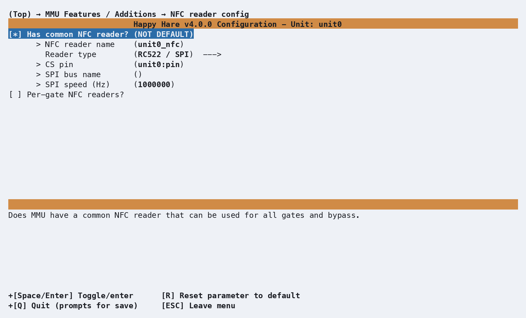NFC reader config menuconfig screen with Has common NFC reader enabled, showing the RC522/SPI defaults - reader name, CS pin, SPI bus and speed