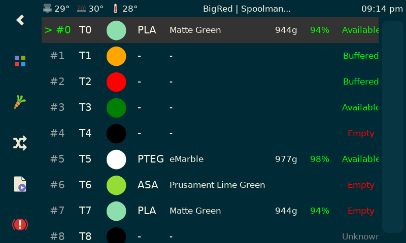 KlipperScreen Happy Hare Edition gate list showing Spoolman material, color and remaining weight per gate