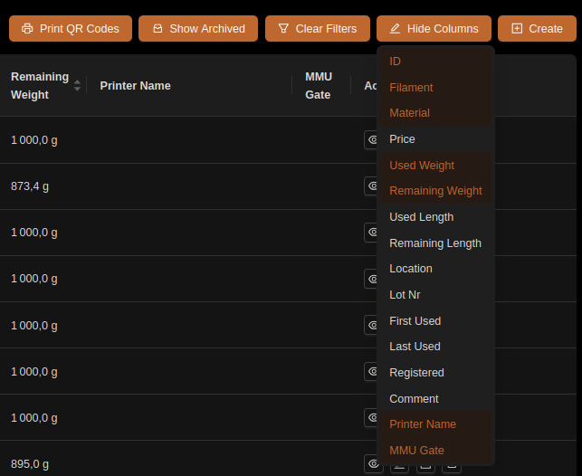 Spoolman's Hide Columns menu with Printer Name and MMU Gate selected