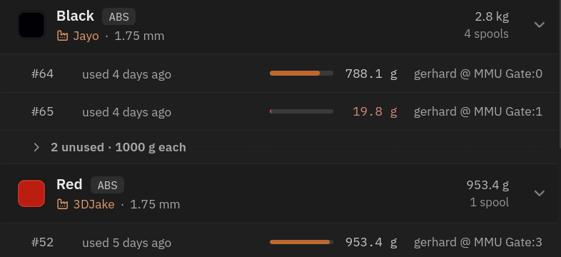 Spoolman web UI spool library with location visible