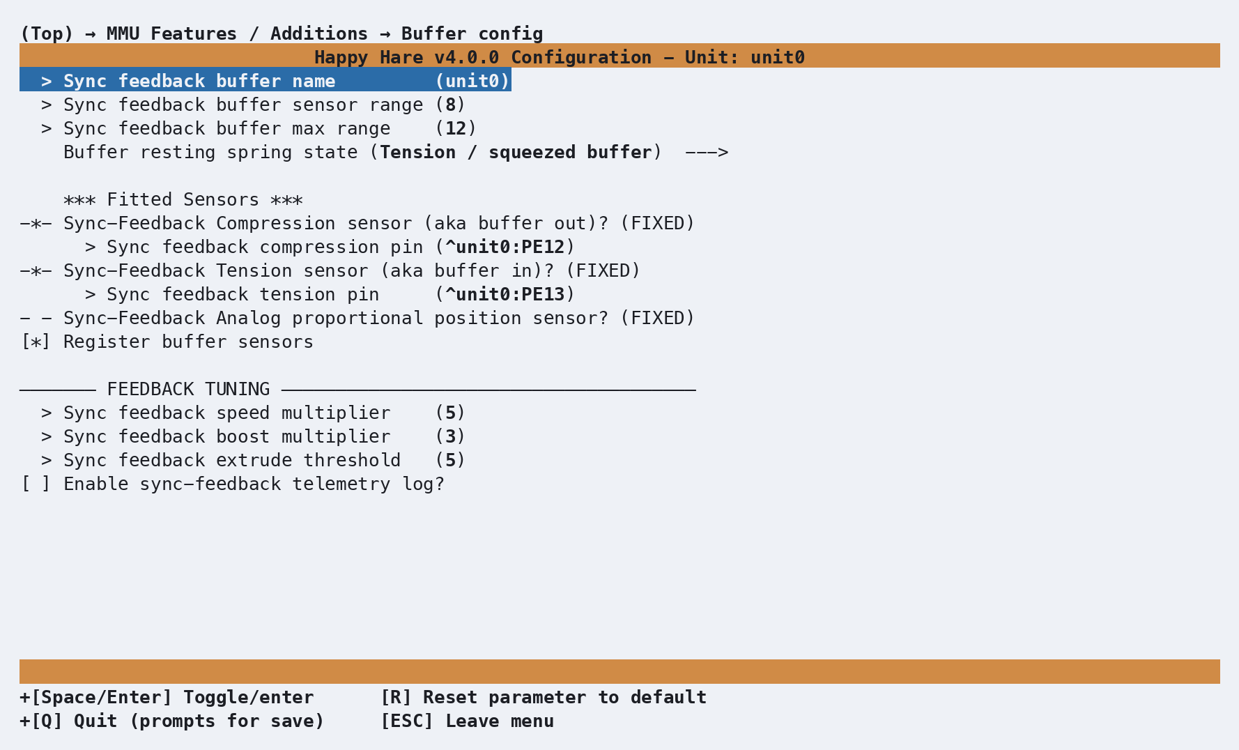 Buffer config screen: buffer name, sensor range and max range, resting spring state, both a compression and tension switch pin fitted, and the Feedback Tuning section below