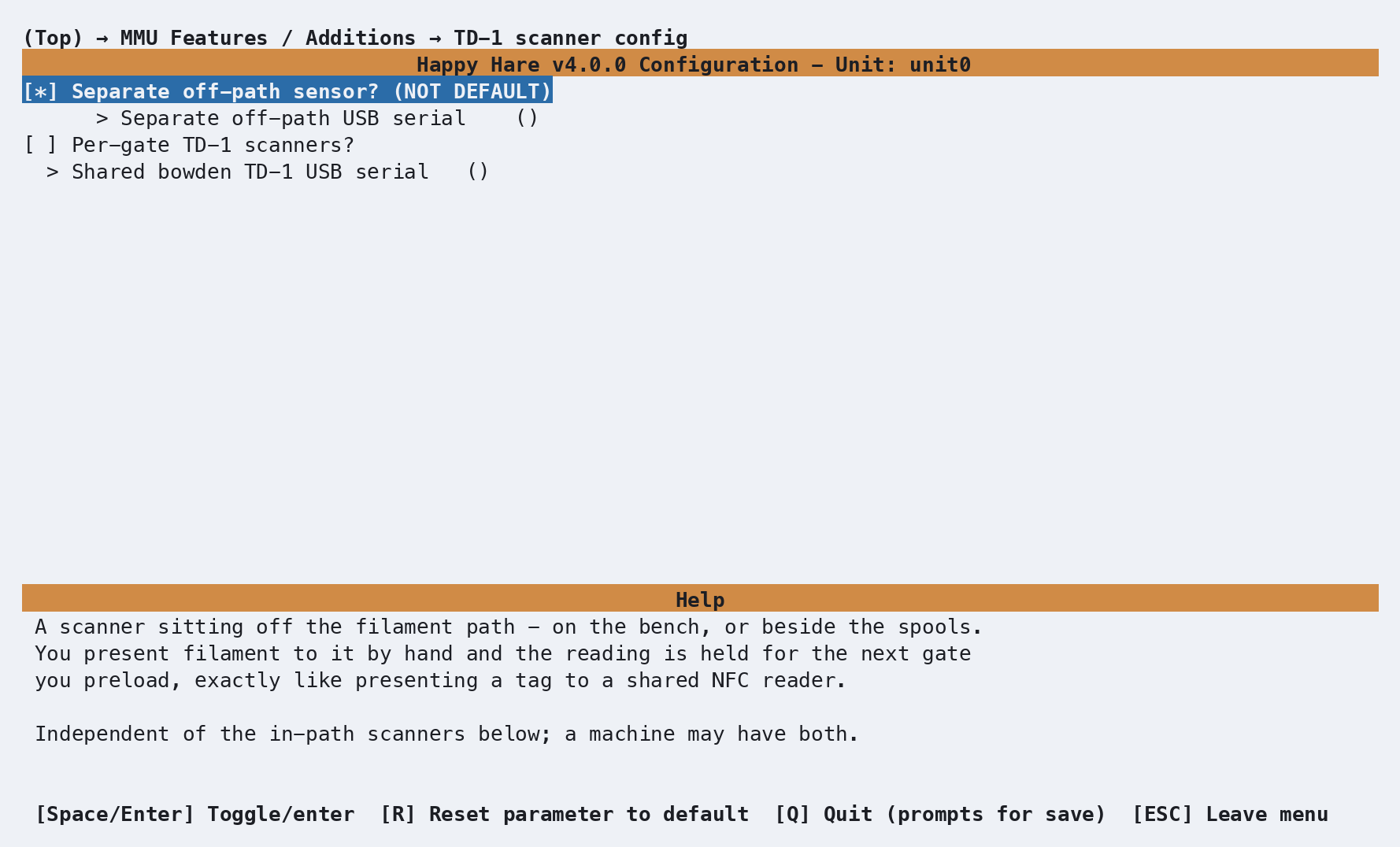 TD-1 scanner config with the off-path scanner enabled and the shared bowden serial field visible