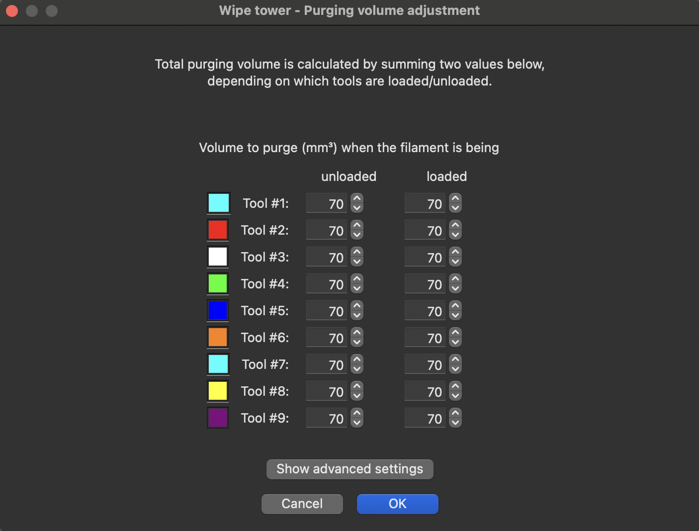 PrusaSlicer simple per-tool purge volume panel