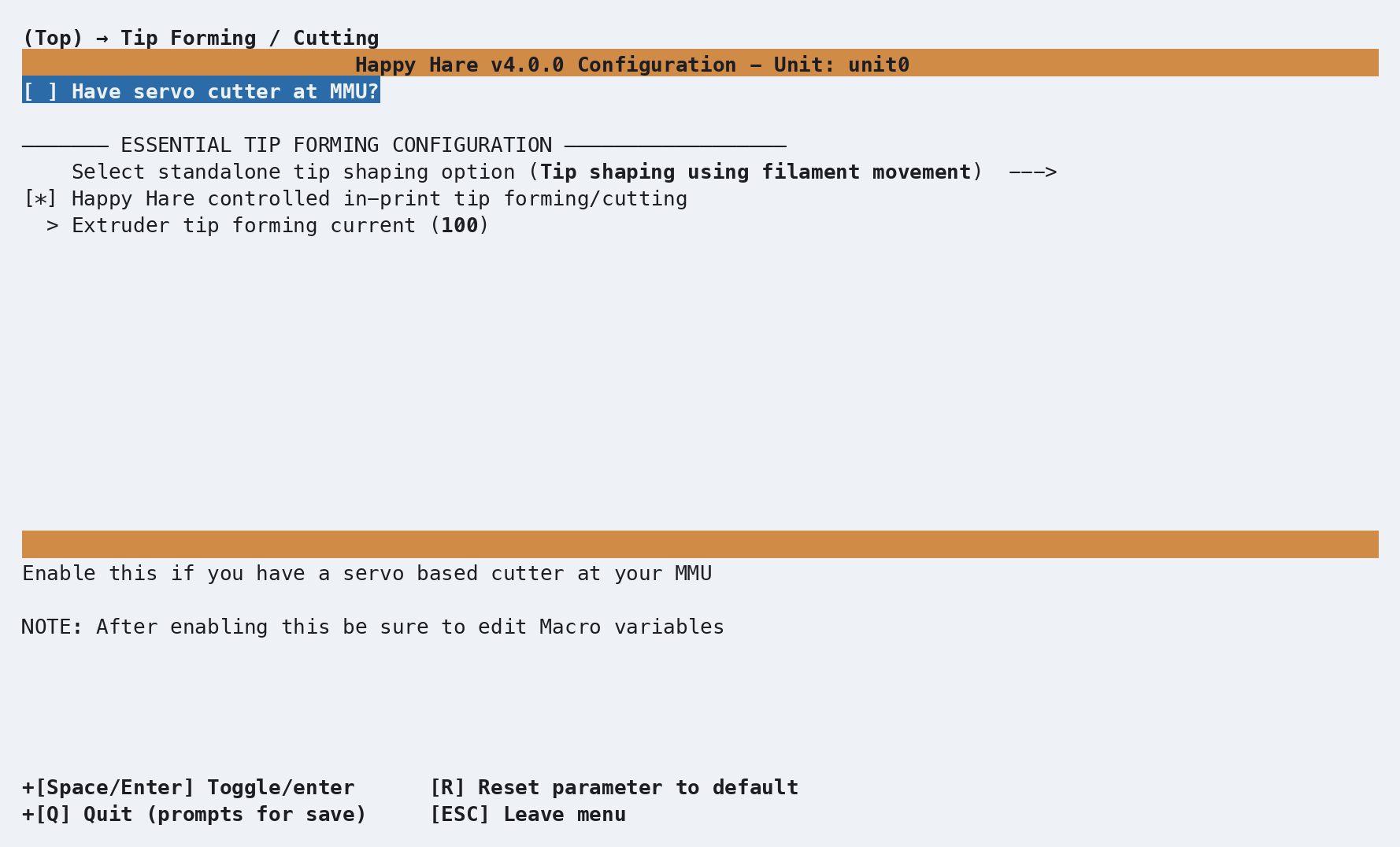 Tip Forming / Cutting screen: servo cutter off, standalone tip forming selected and forced