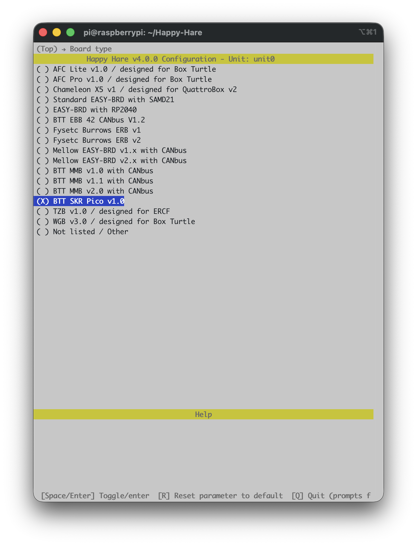 Board type list, BTT SKR Pico v1.0 already selected