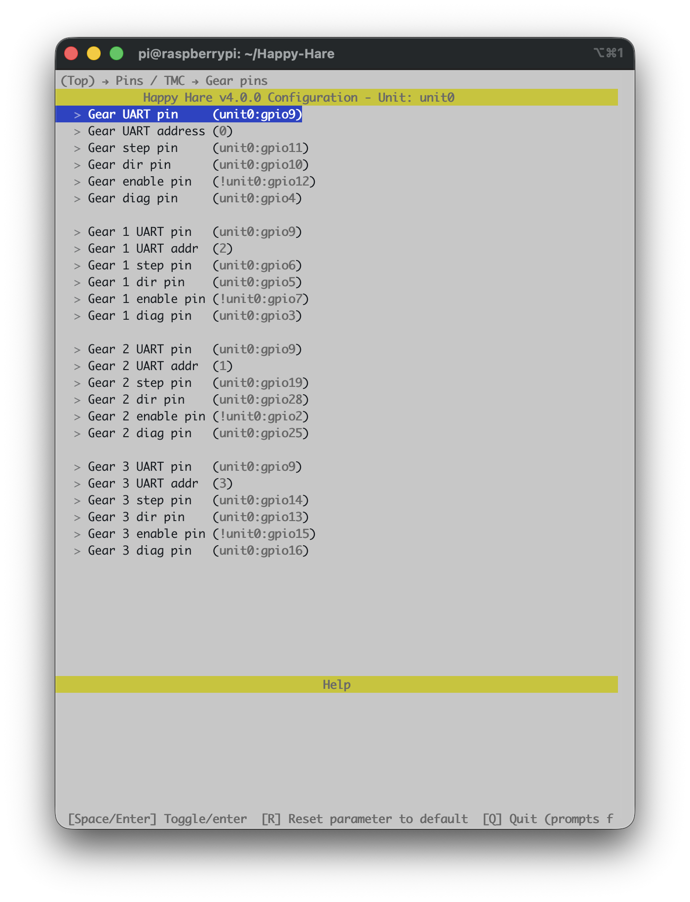 Gear pins list - one row per gate
