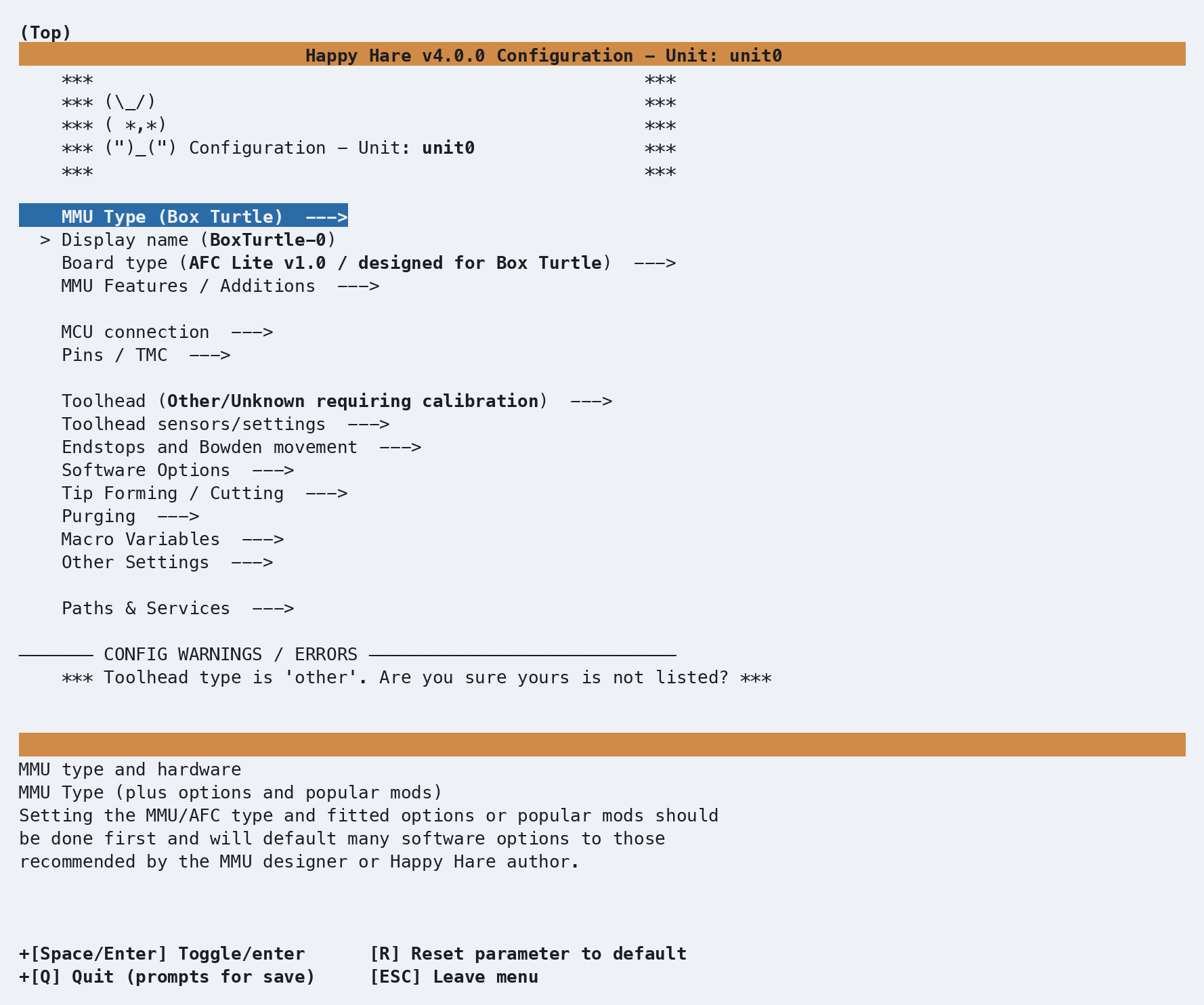 Root menu after choosing Box Turtle - one warning left
