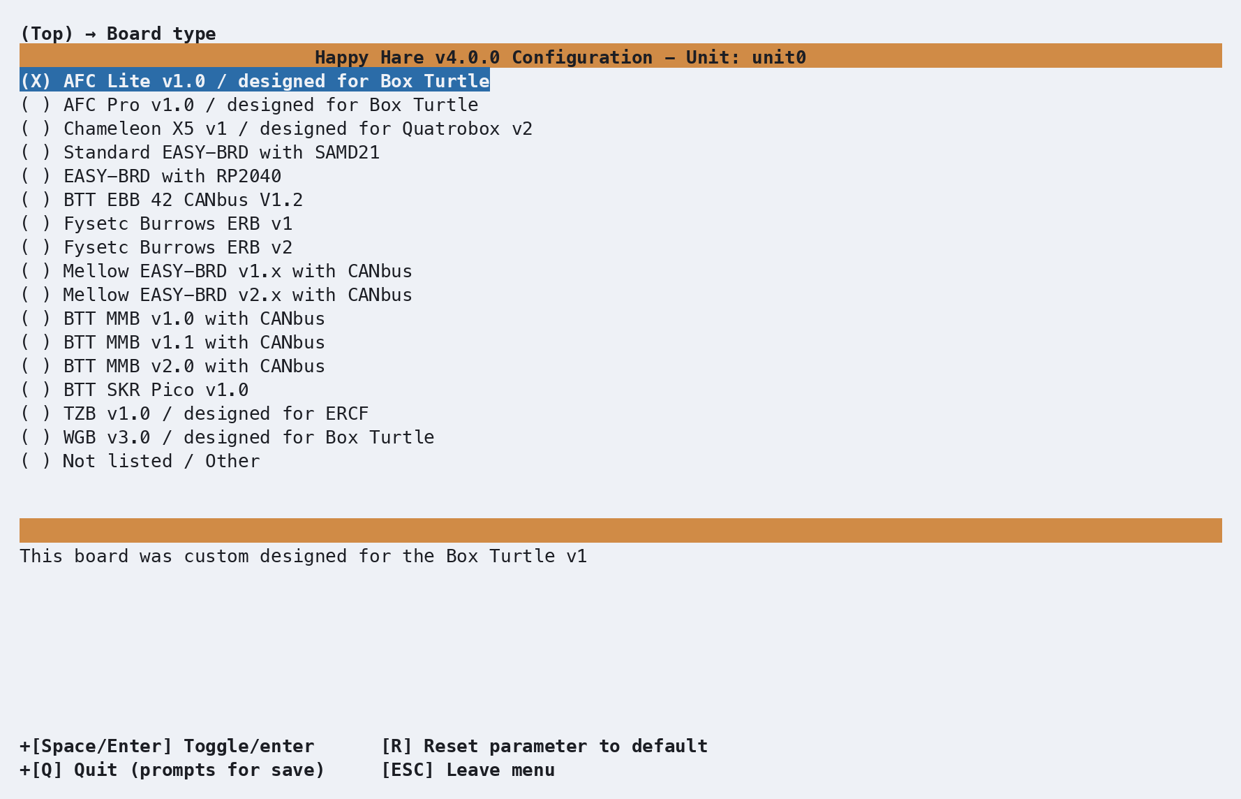 Board type list, AFC Lite v1.0 already selected