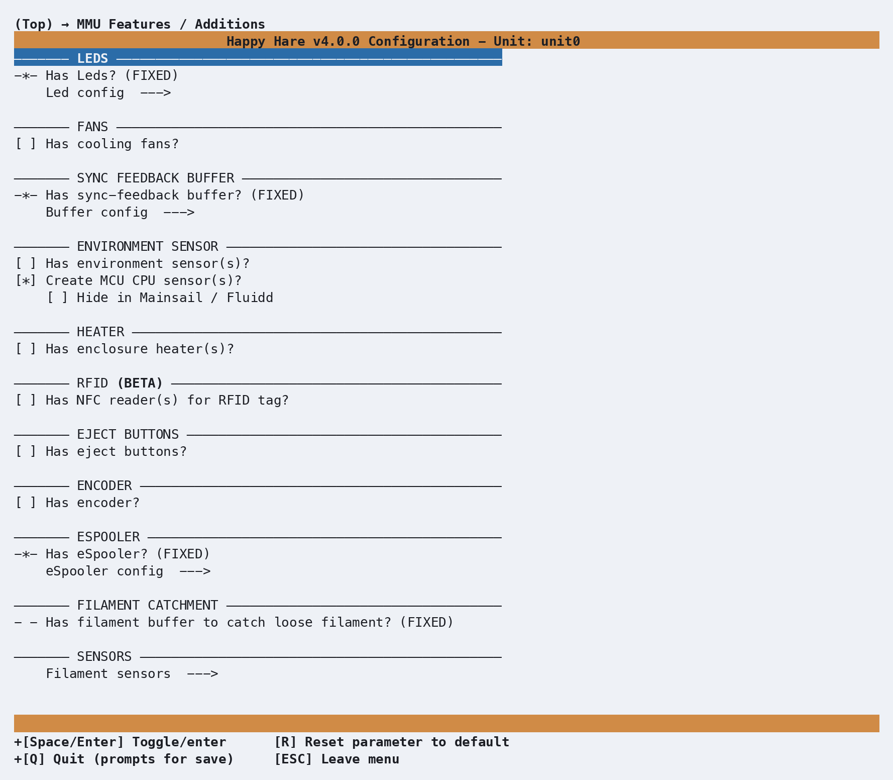 MMU Features panel - LEDs, eSpooler and buffer already enabled
