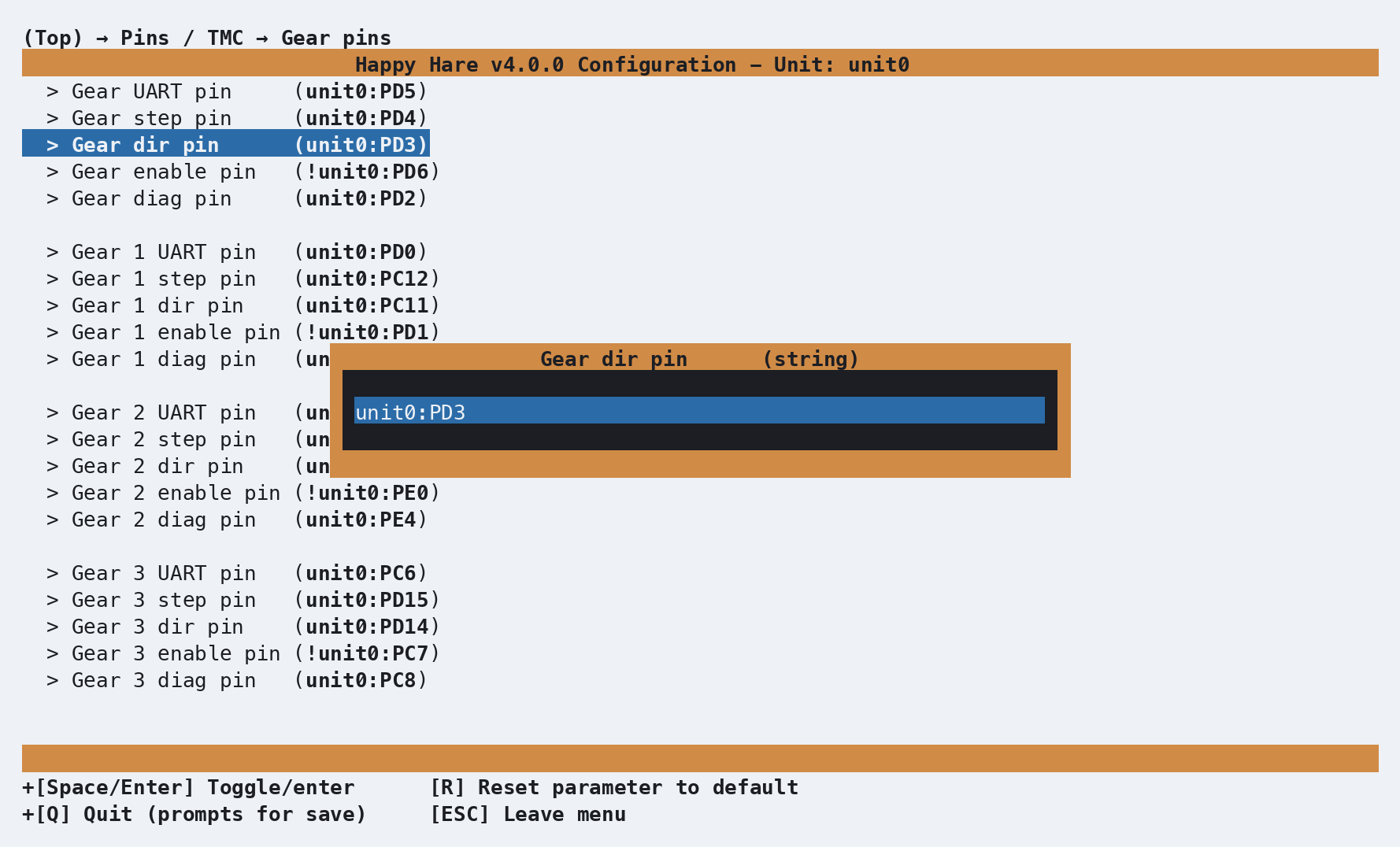 Gear dir pin editor, showing the default pin
