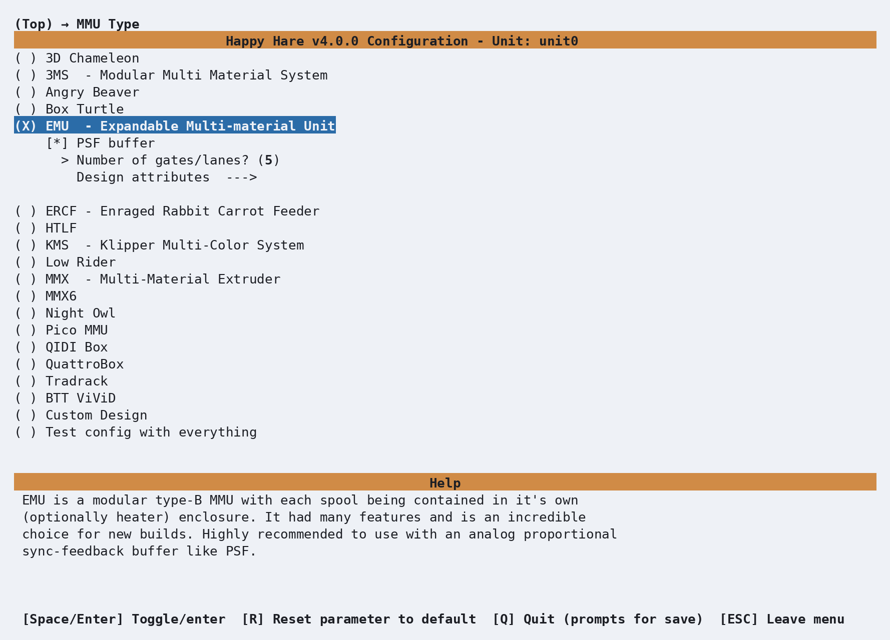 MMU
  Type list, with EMU selected