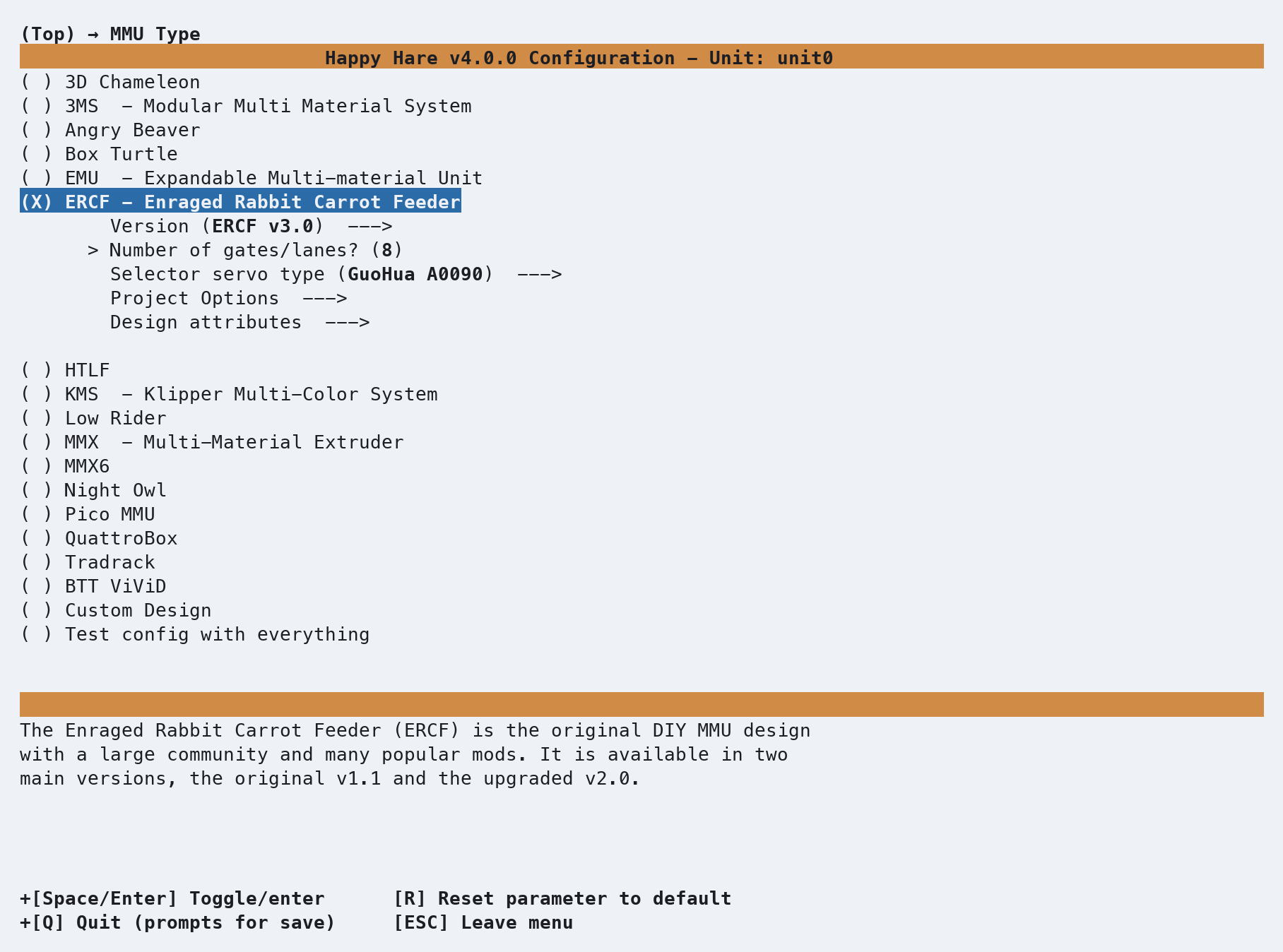 MMU Type list, with ERCF selected