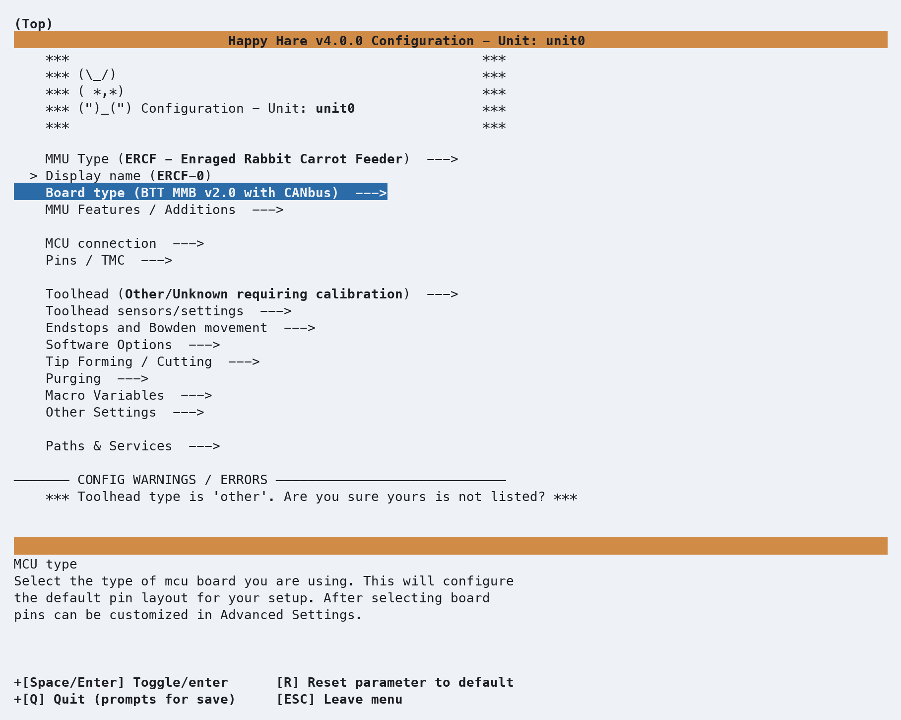 Root menu after choosing ERCF - one warning left