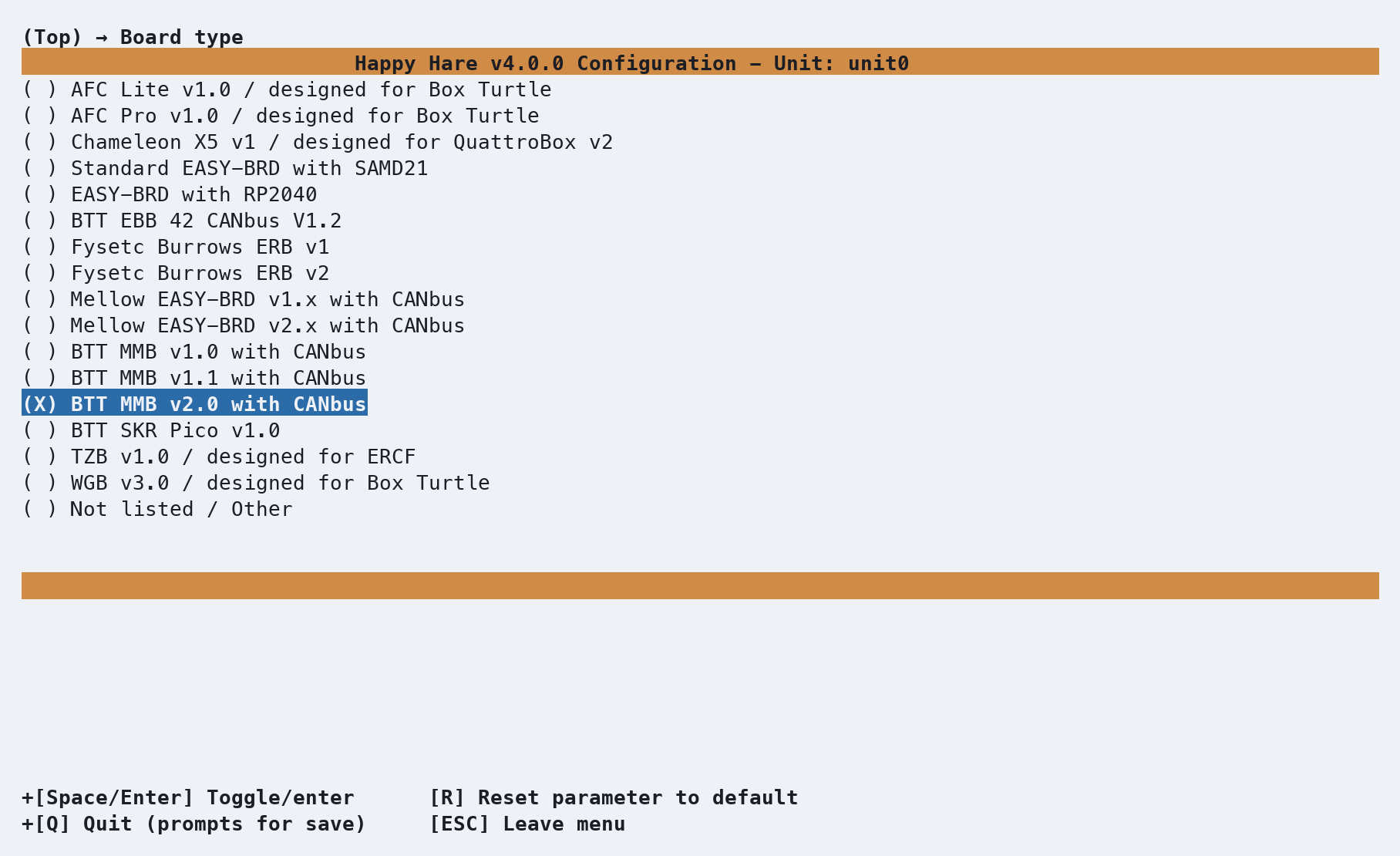 Board type list, BTT MMB v2.0 with CANBus already selected