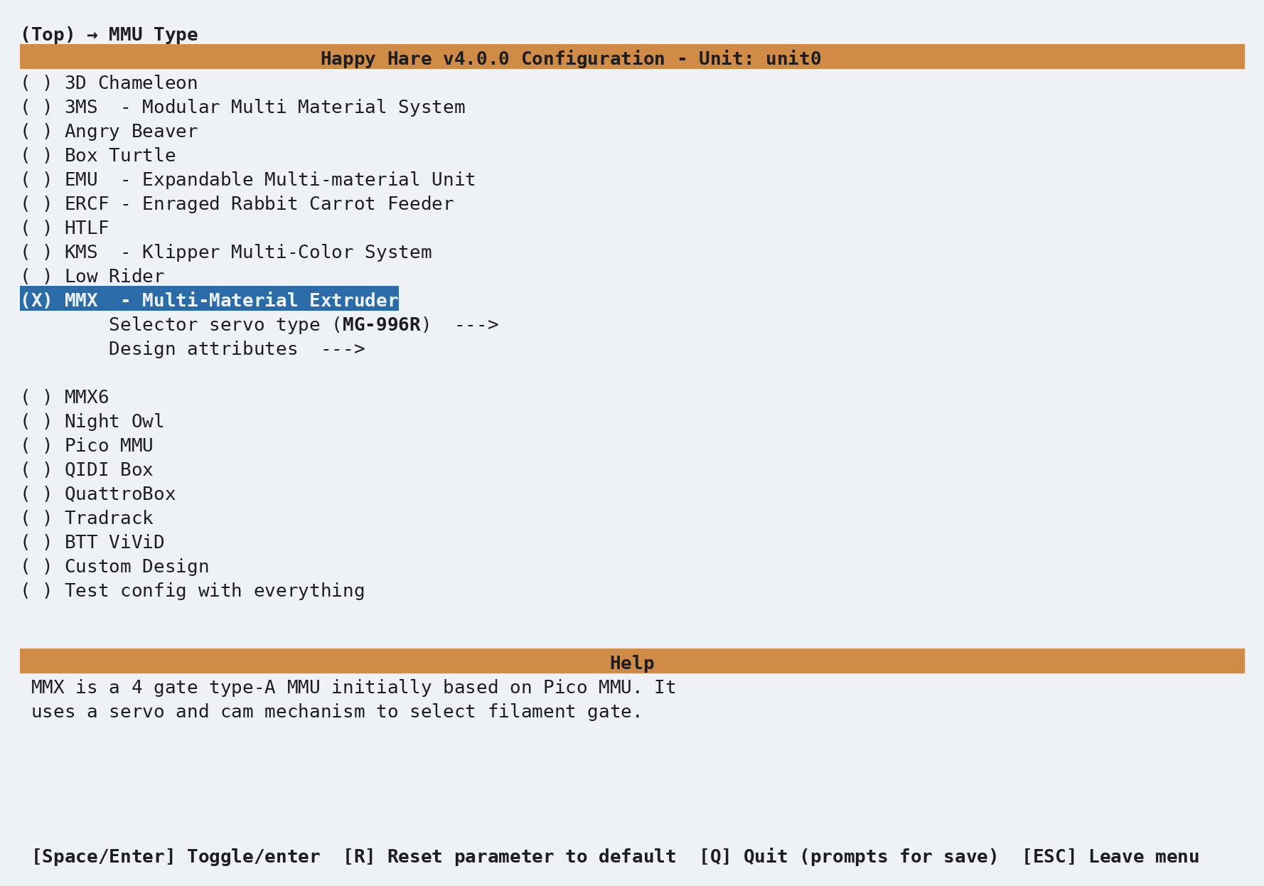 MMU Type menu with the four-gate MMX selected