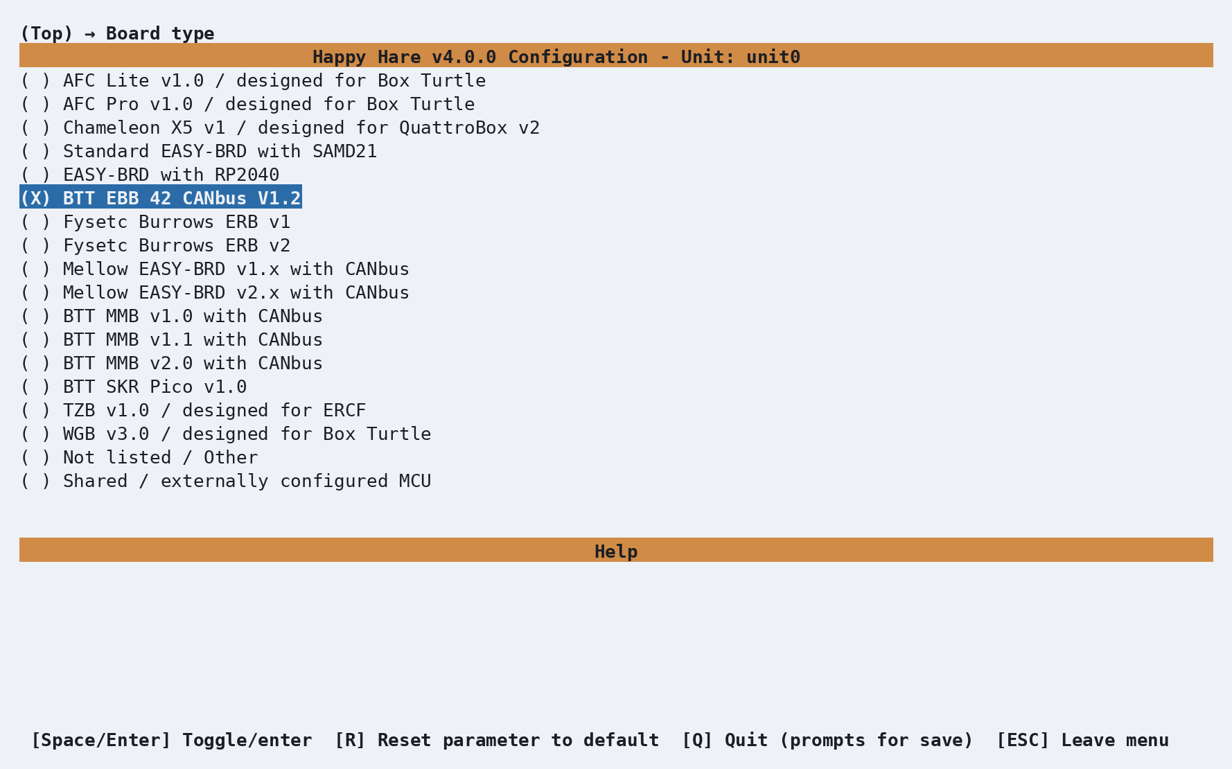 Board type menu with BTT EBB42 CANbus v1.2 selected