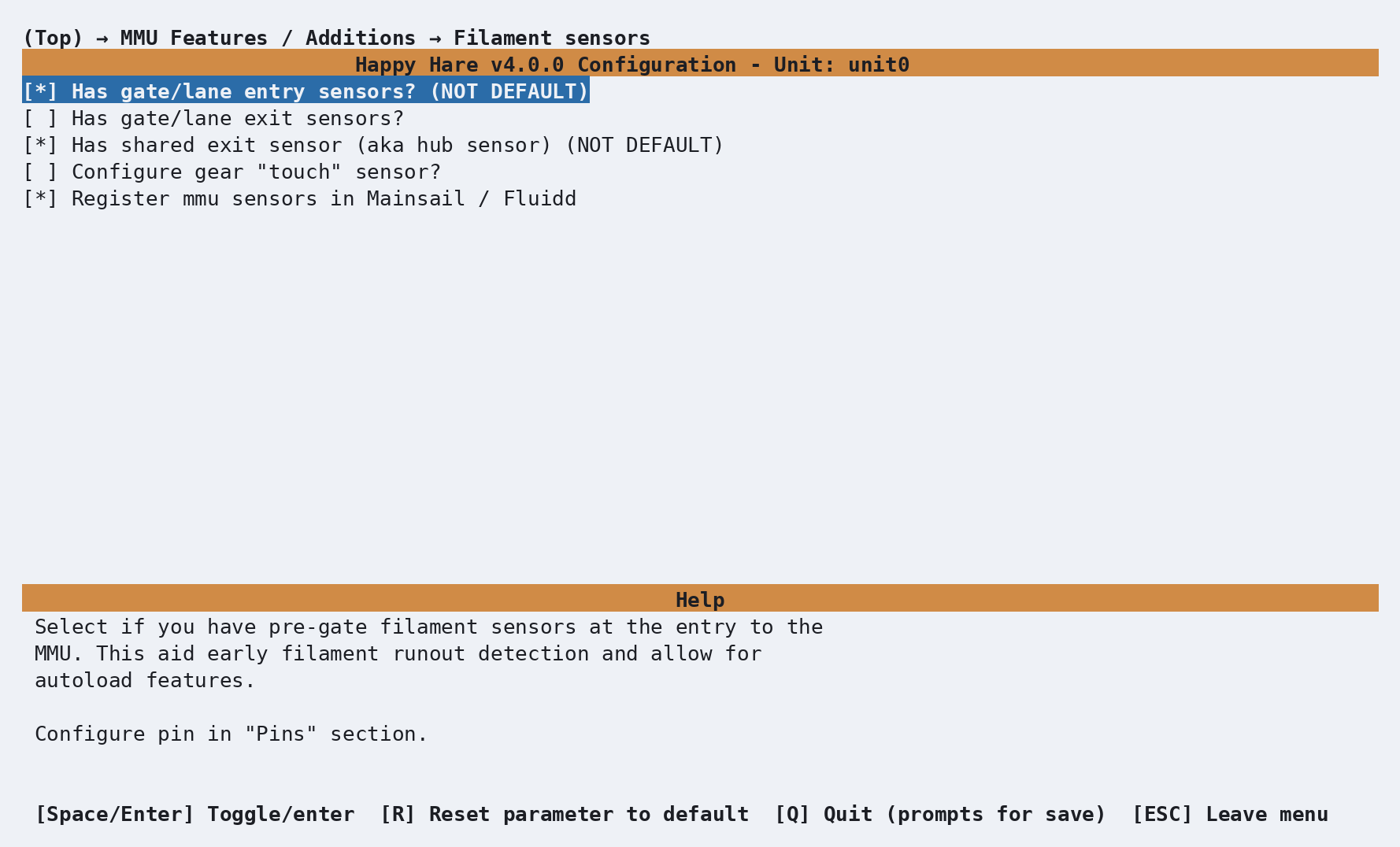 MMX filament sensor menu with entry sensors and the shared exit sensor enabled
