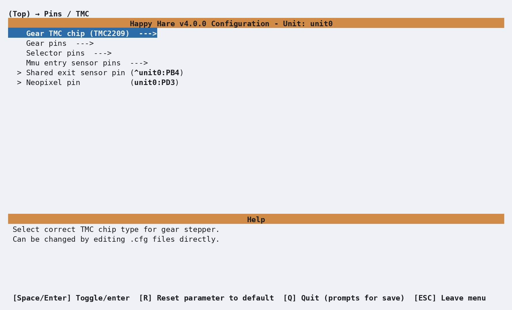 MMX Pins and TMC menu with shared exit and NeoPixel pins filled from the EBB42 profile