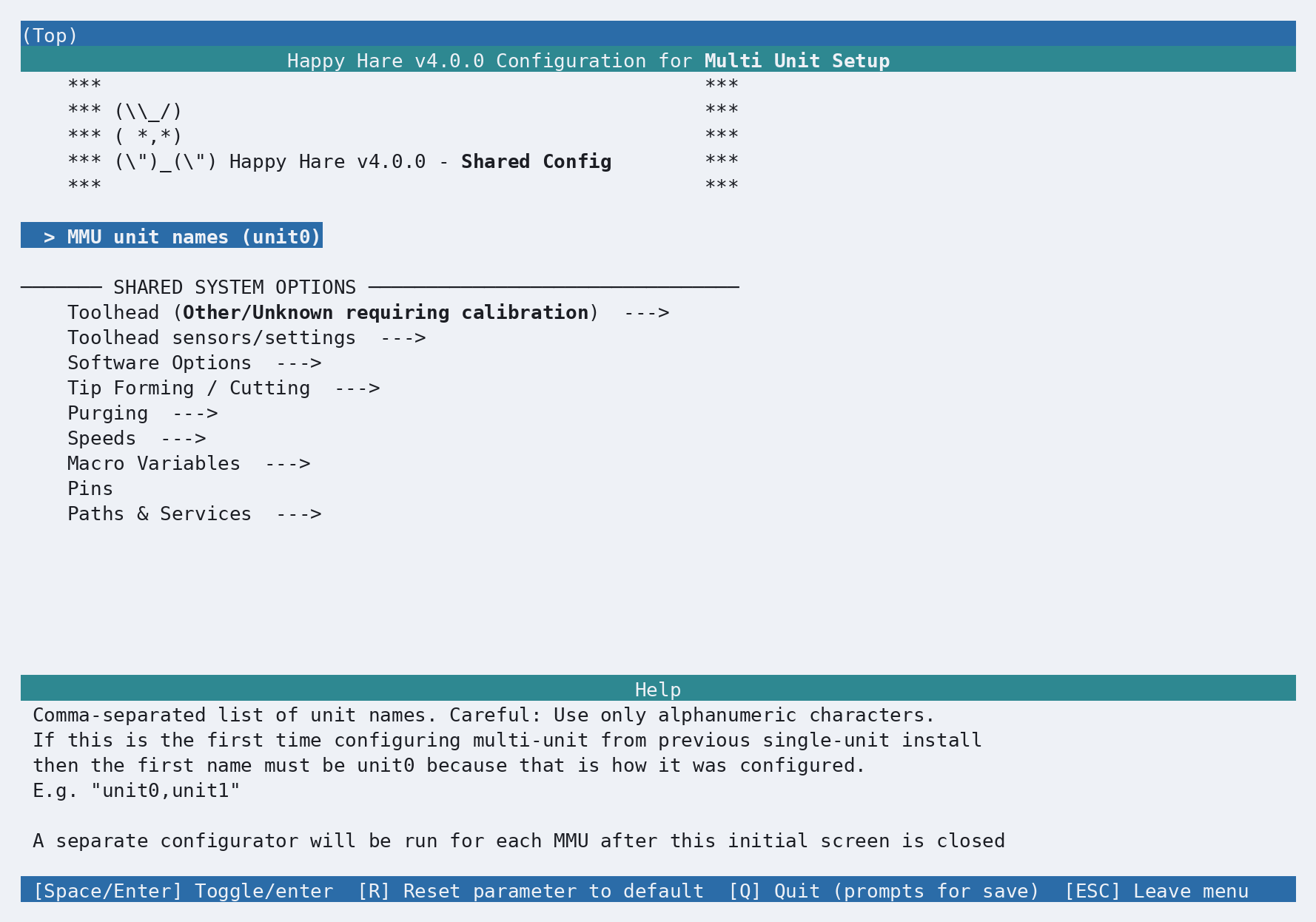 Multi-unit shared configuration screen in the aquatic color scheme