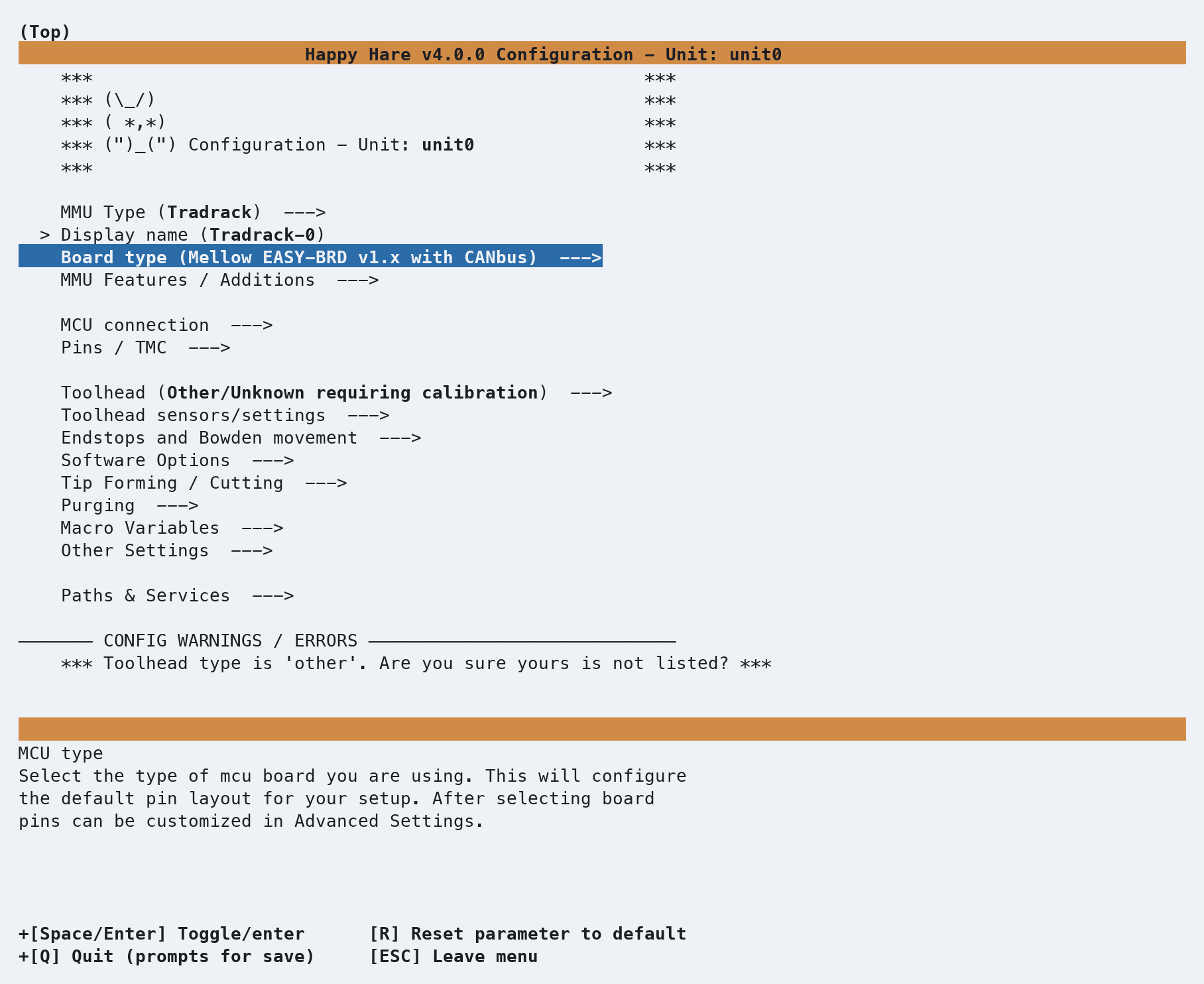 Root menu after choosing Tradrack - one warning left