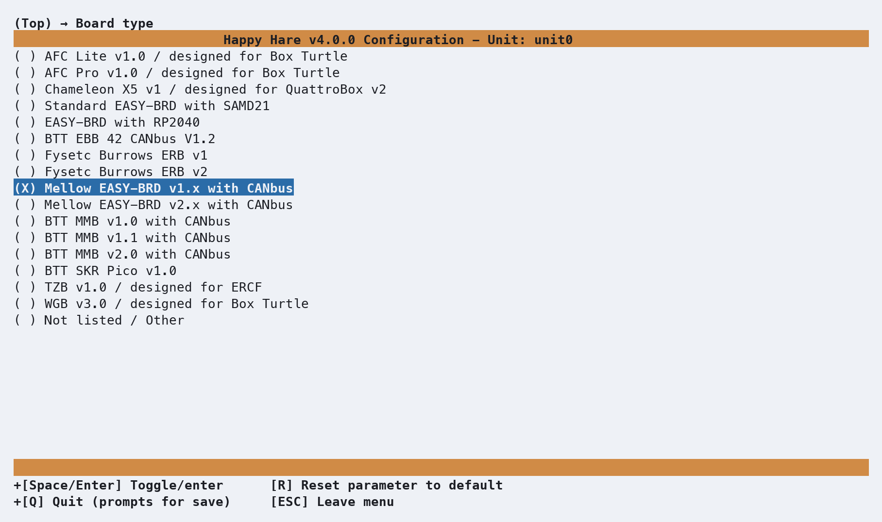 Board type list, BTT MMB v2.0 with CANBus already selected