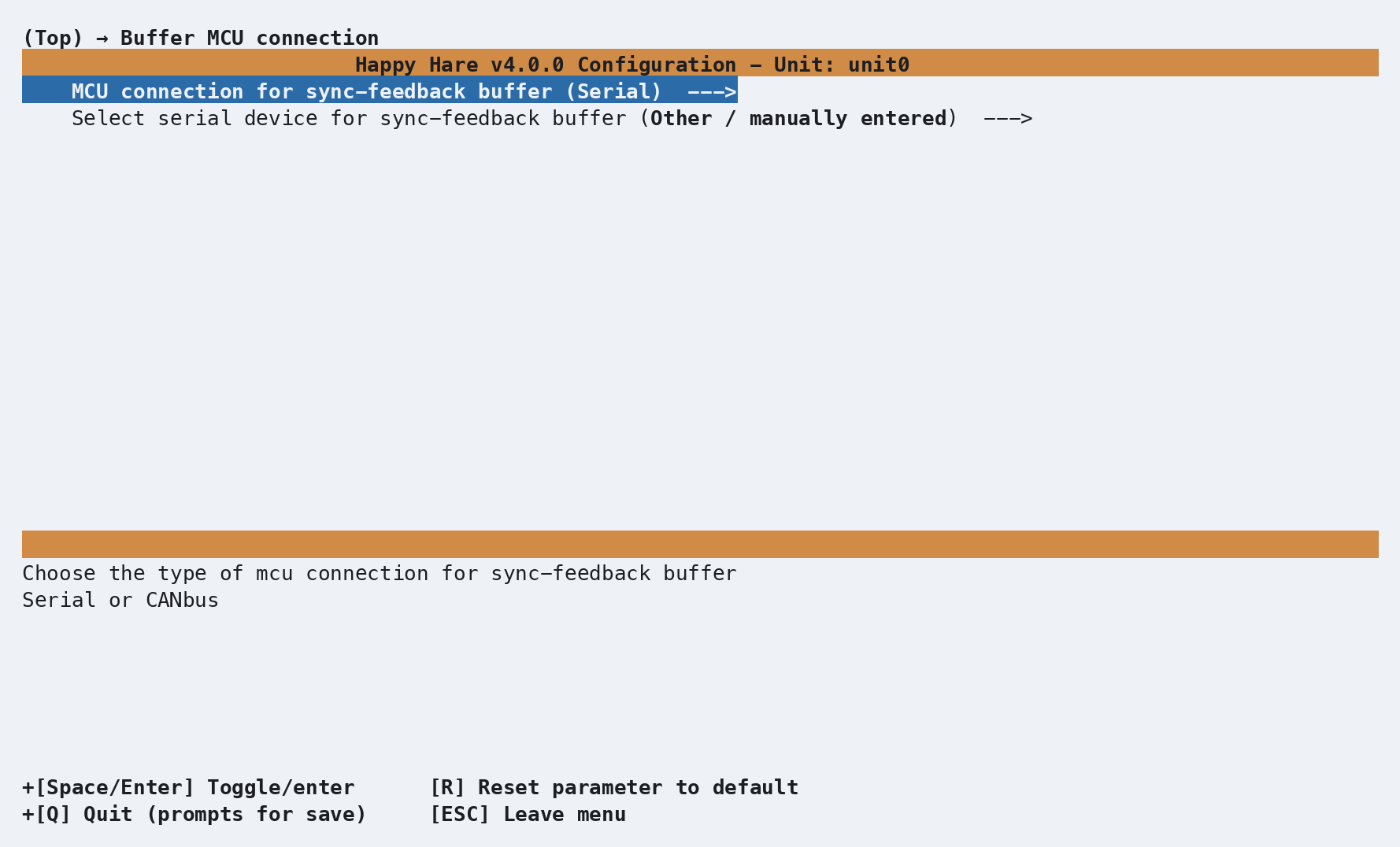 Buffer MCU connection submenu: connection type Serial, resolved serial device Other/manually entered