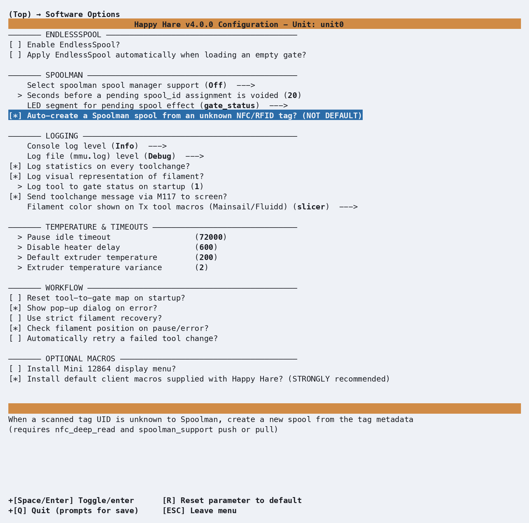 Software Options screen, Spoolman section, Auto-create a Spoolman spool from an unknown NFC/RFID tag toggled on