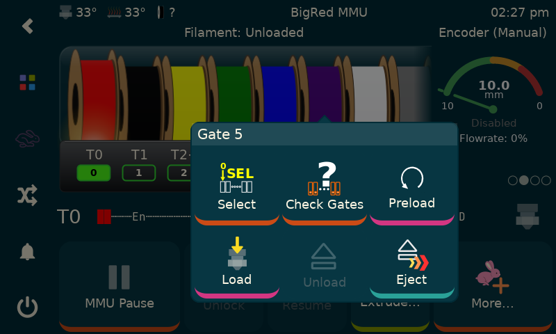 KlipperScreen gate popup menu: Select, Check Gates, Preload, Load, Unload, Eject