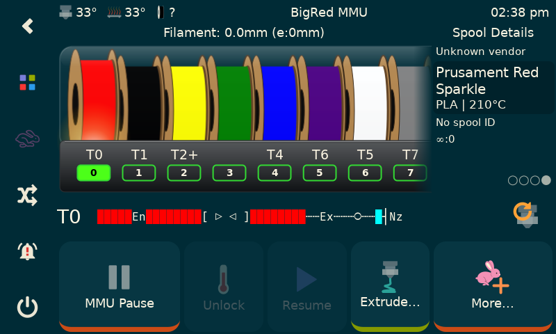 KlipperScreen main panel showing Spool Details
