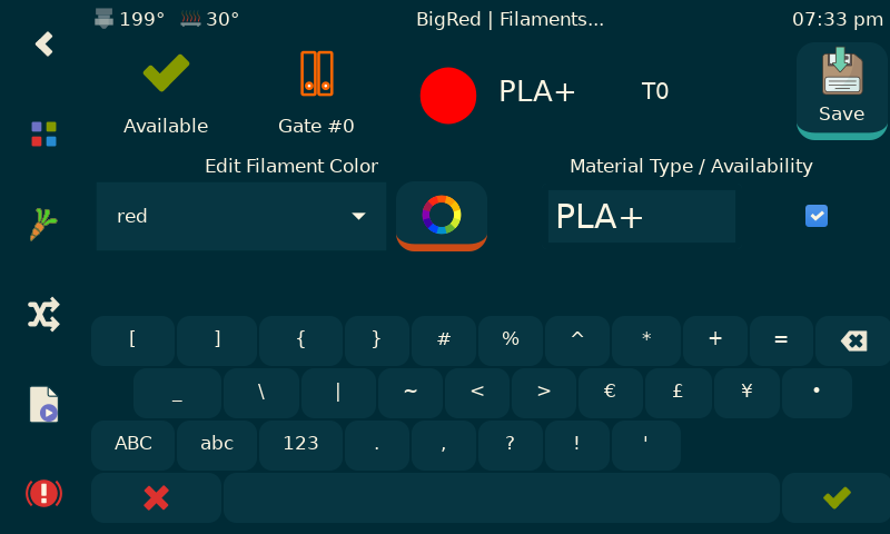 KlipperScreen filament editor detail