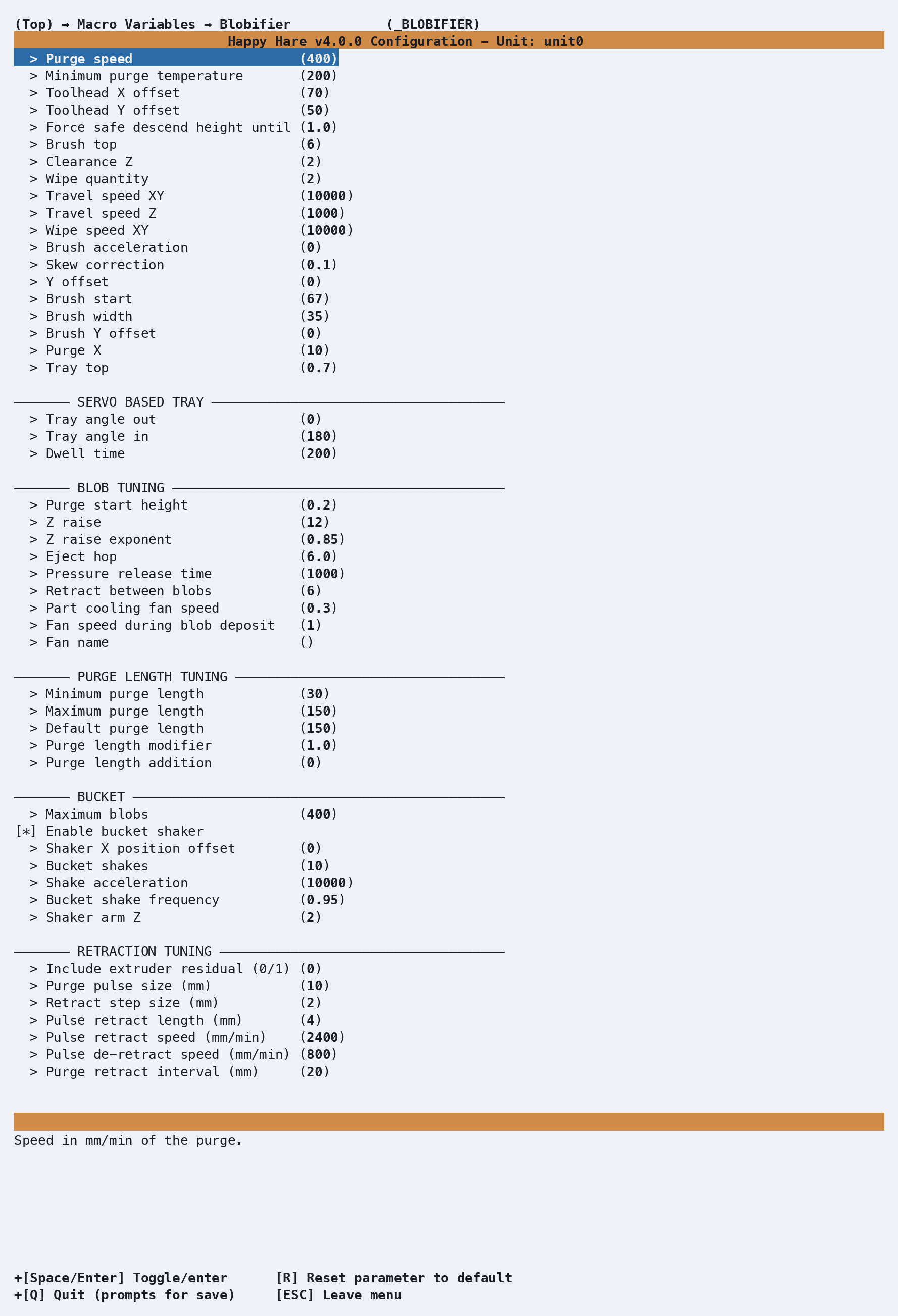 menuconfig: Blobifier (_BLOBIFIER) screen, showing purge speed/temperature, toolhead offsets, tray positions, blob tuning, purge length tuning, bucket, and retraction settings