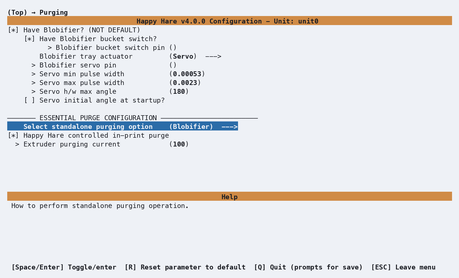 menuconfig Purging screen with Blobifier enabled, Blobifier selected for standalone purging, and the servo tray fields visible