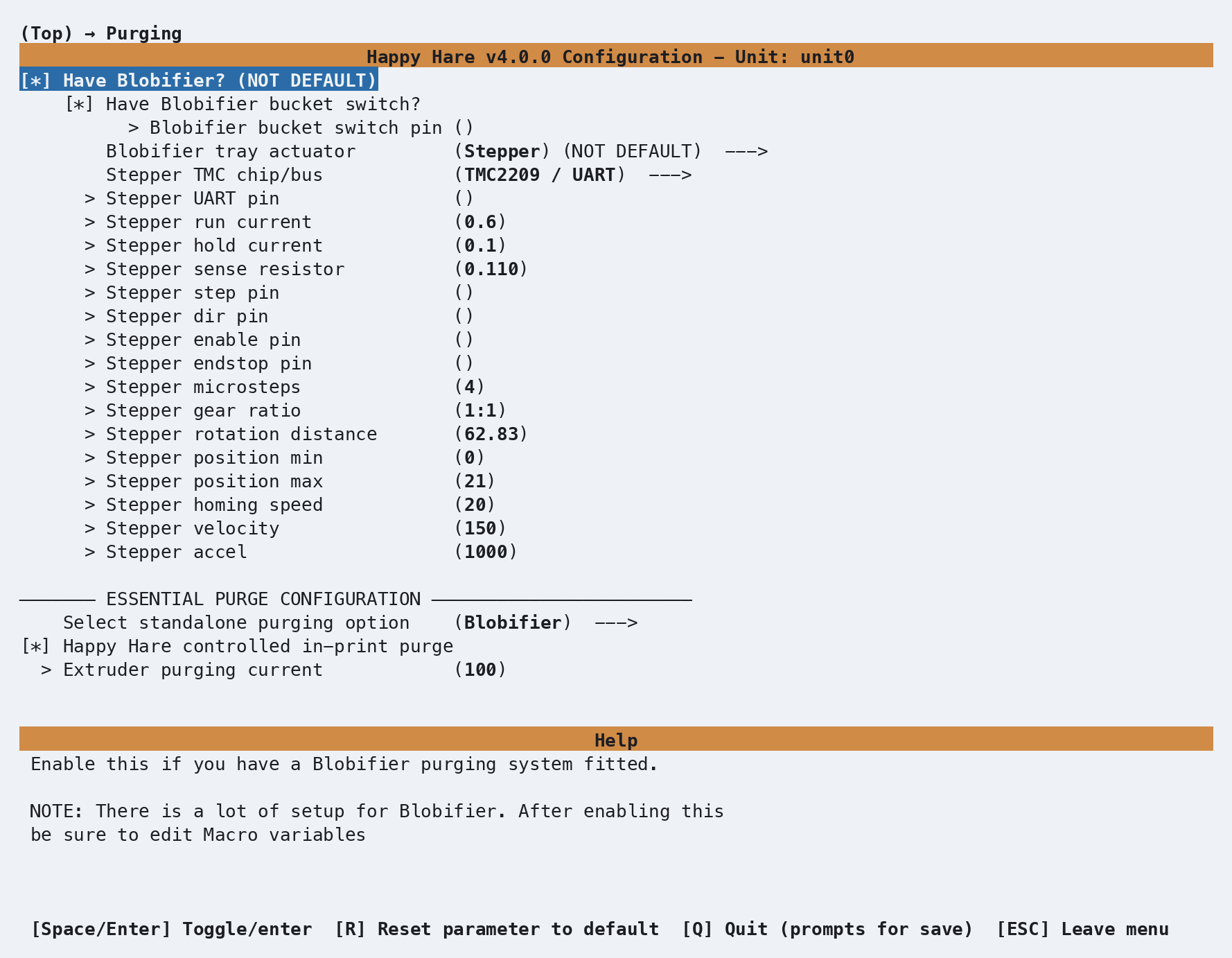 menuconfig Purging screen with Blobifier enabled and the stepper tray pin and current fields visible