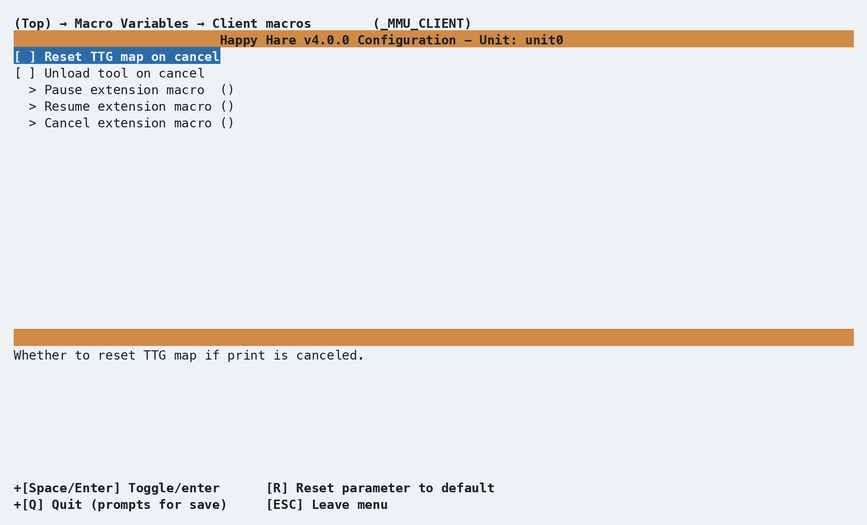 menuconfig: Client macros (_MMU_CLIENT) screen, showing the cancel-behavior toggles and the three pause/resume/cancel extension hooks