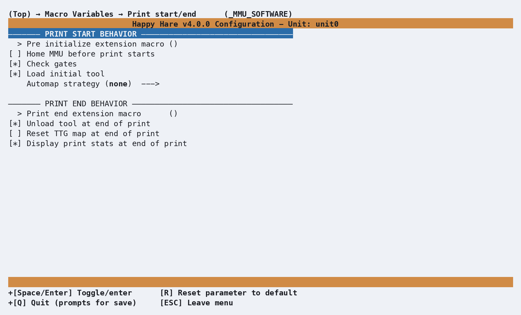 menuconfig: Print start/end (_MMU_SOFTWARE) screen, showing start-of-print checks, automap strategy, and end-of-print behavior