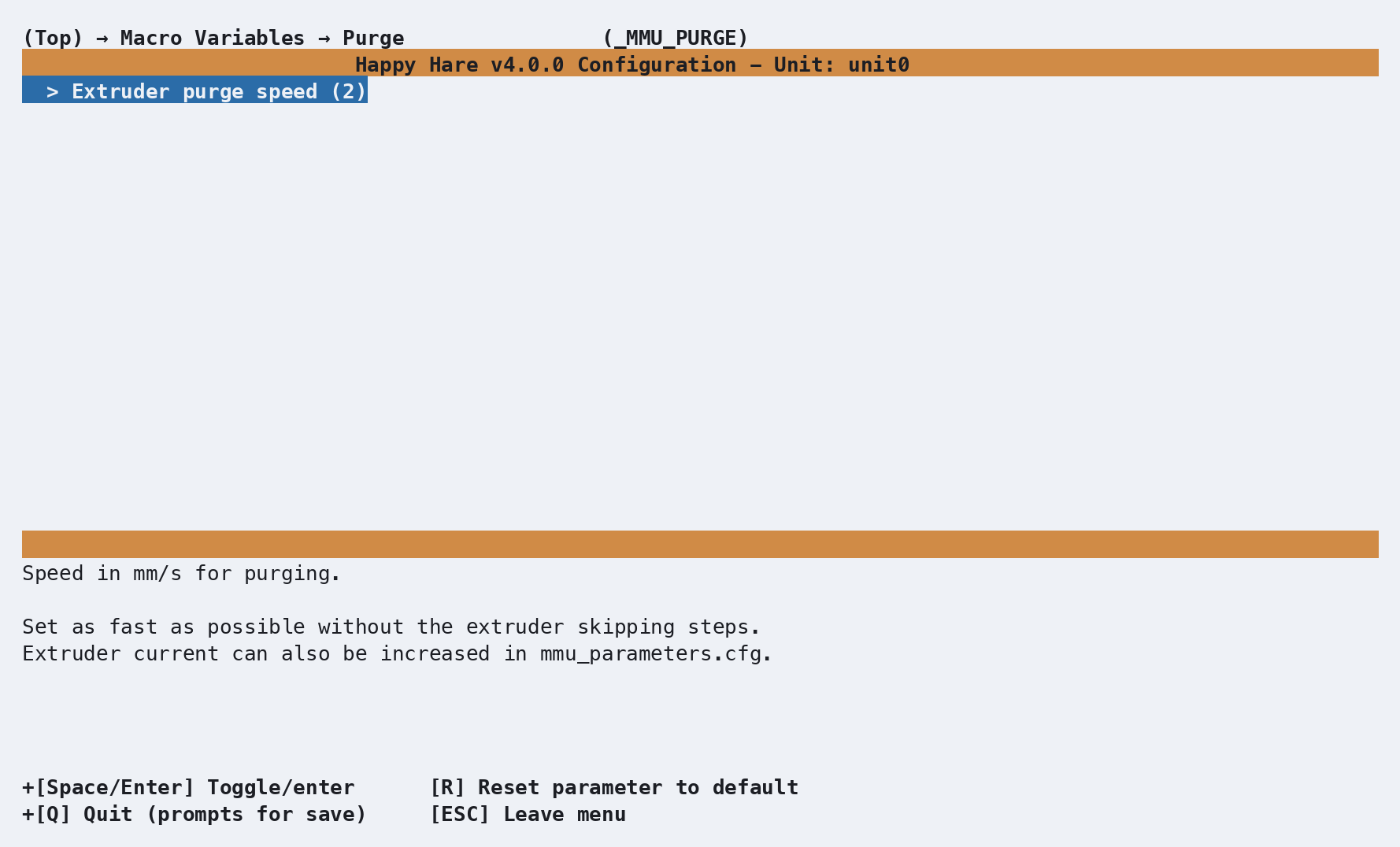 menuconfig: Purge (_MMU_PURGE) screen, showing the single extruder purge speed setting