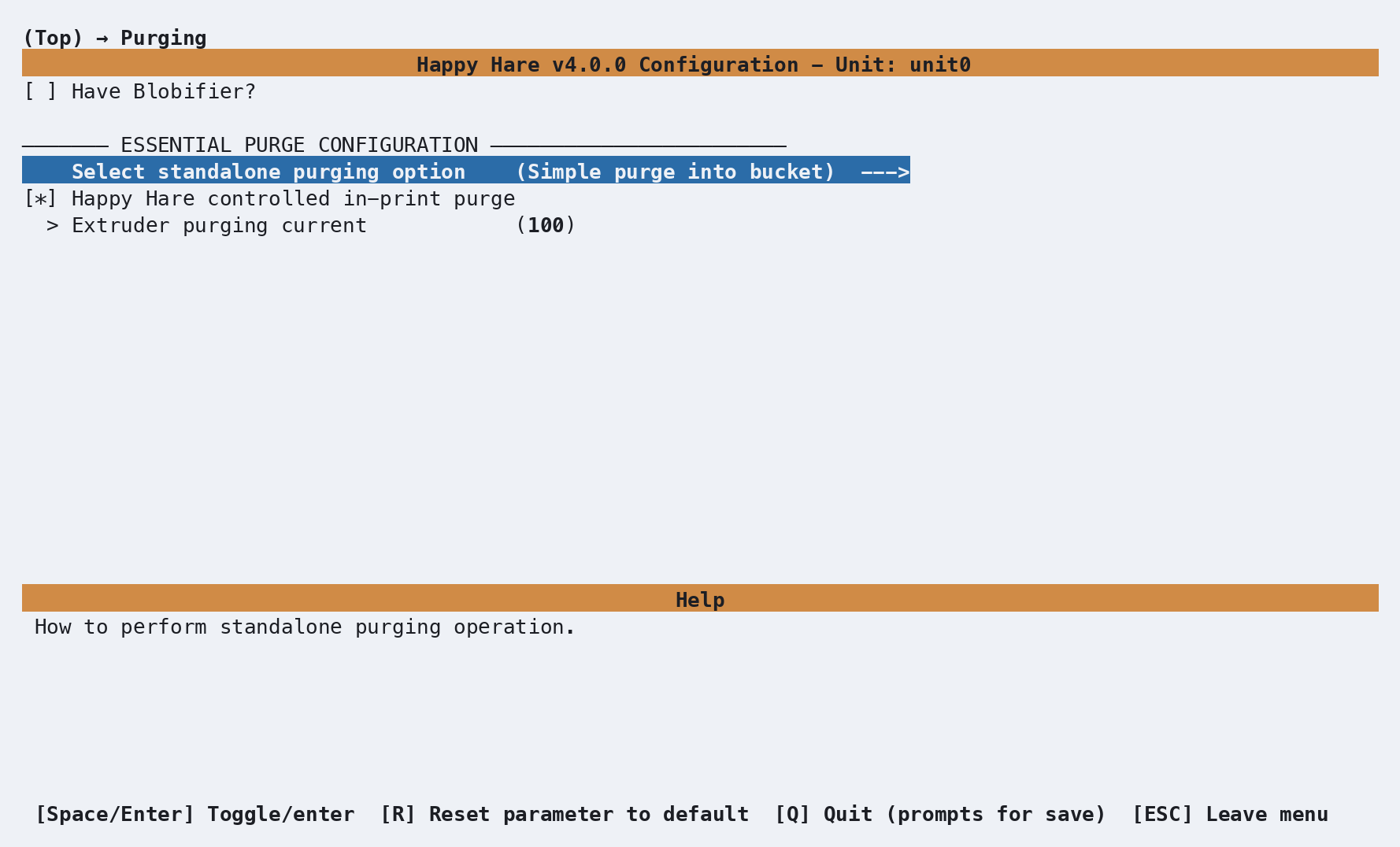 menuconfig Purging screen with Blobifier disabled and Simple purge into bucket selected