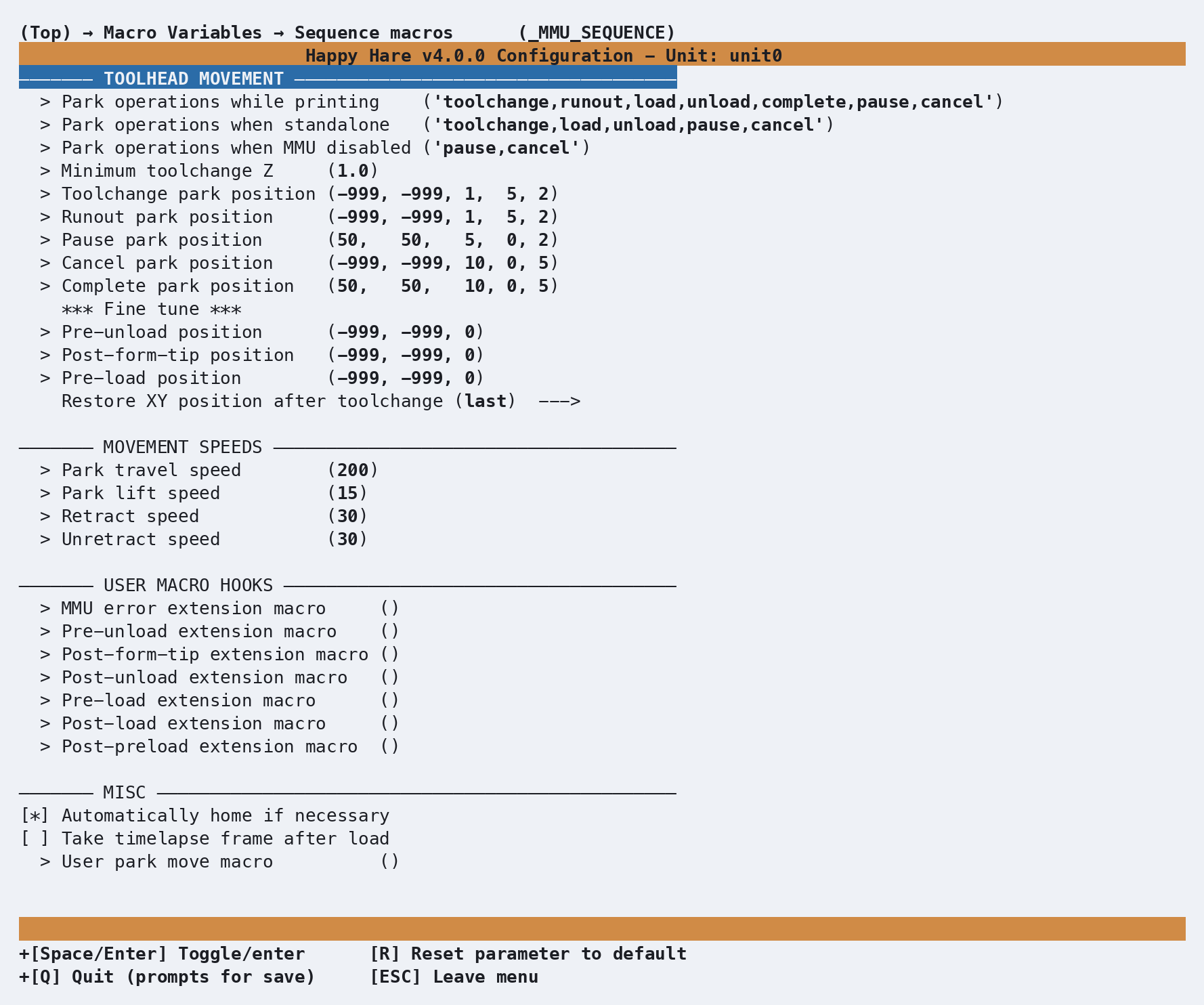 menuconfig: Sequence macros (_MMU_SEQUENCE) screen, showing park position tuples, restore-XY-position choice, movement speeds, and extension hooks