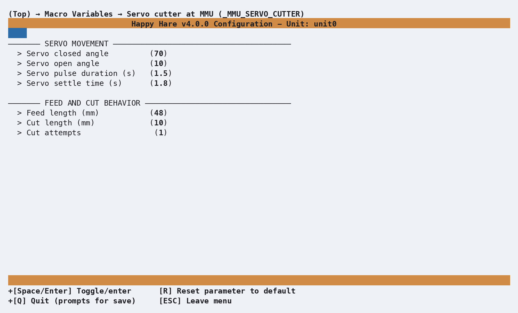 menuconfig: Servo cutter at MMU (_MMU_SERVO_CUTTER) screen, showing servo angles/timing and feed/cut length settings